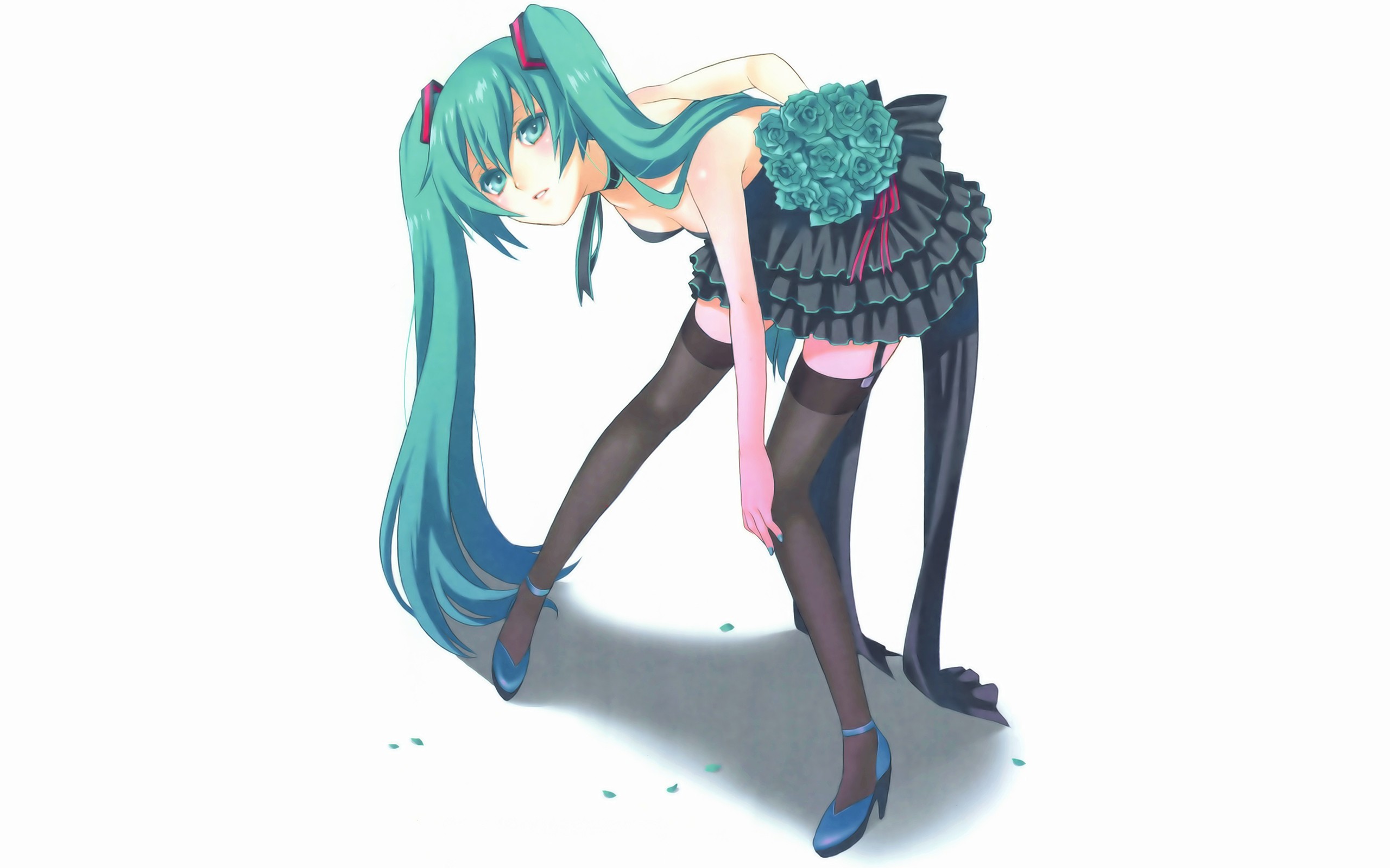 Anime 2560x1600 anime girls Vocaloid Hatsune Miku bent over anime cyan hair aqua eyes stockings black stockings heels blue heels looking at viewer simple background white background