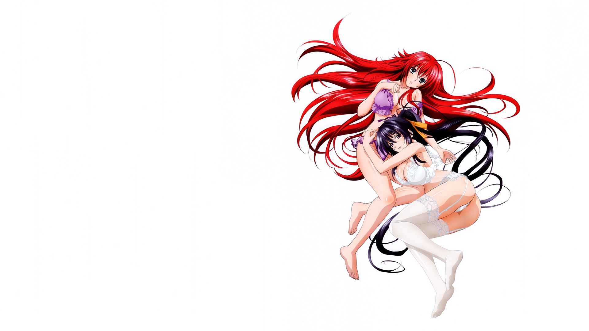 Anime 1920x1080 anime girls High School DxD Gremory Rias Himejima Akeno anime women two women simple background white background ass lingerie long hair looking at viewer stockings