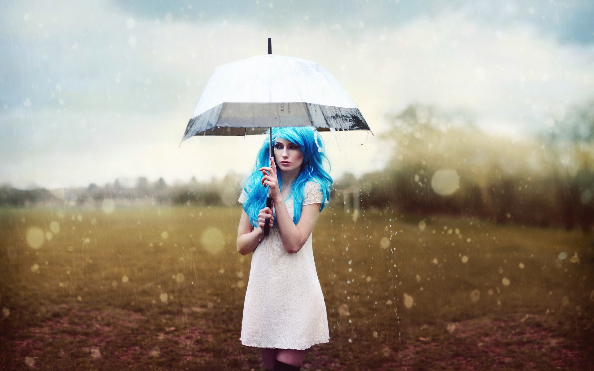 People 1920x1200 women blue hair umbrella rain model dress long hair women outdoors cyan hair women with umbrella standing looking away