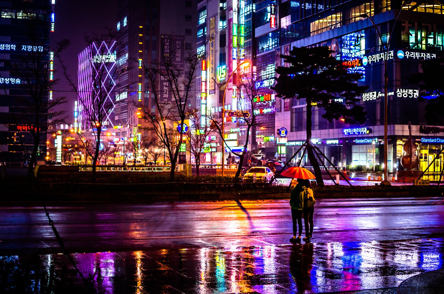 General 1737x1150 cityscape umbrella South Korea night rain street Busan neon reflection Asia