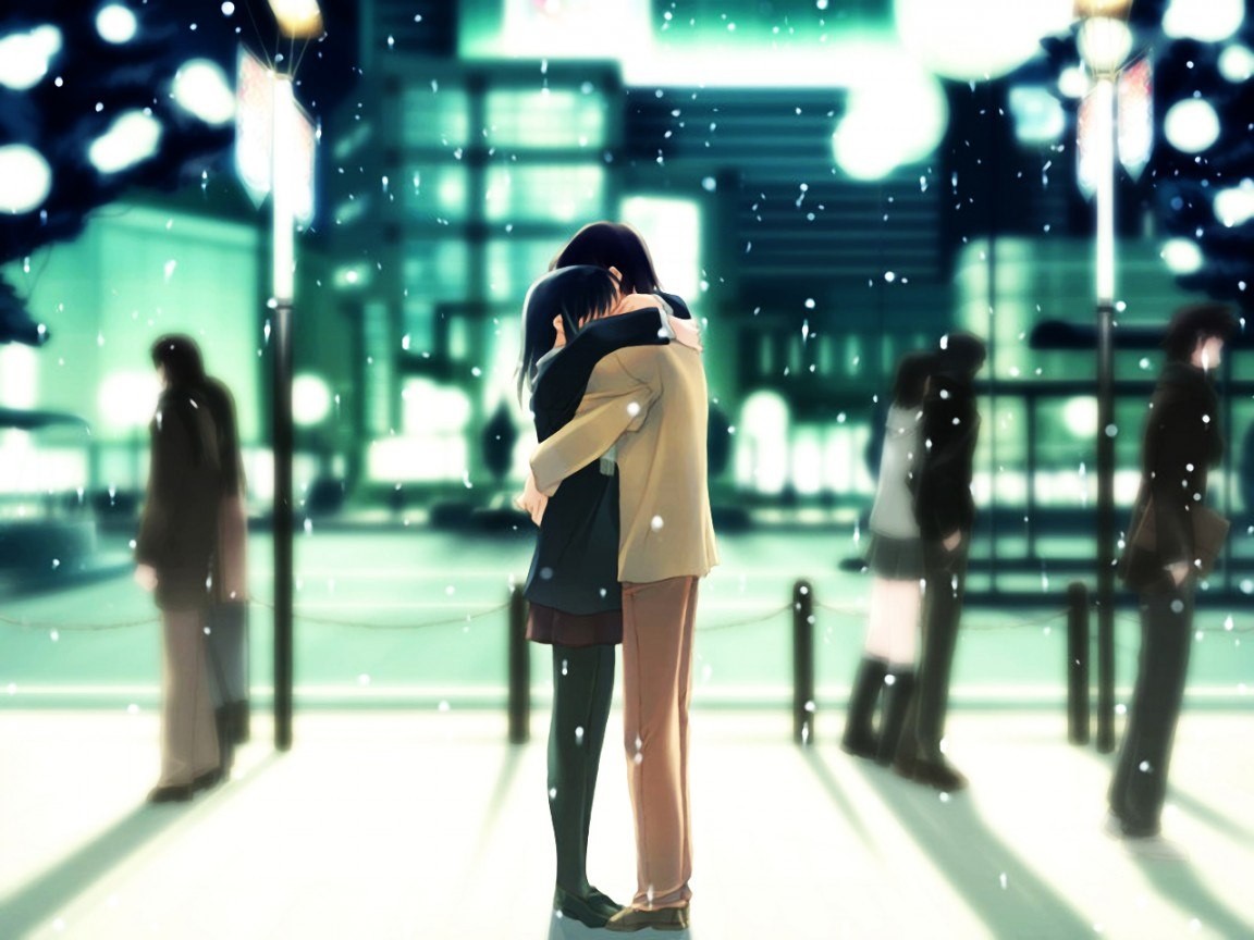 Anime 1152x864 anime anime boys love anime girls urban snow couple winter city hugging