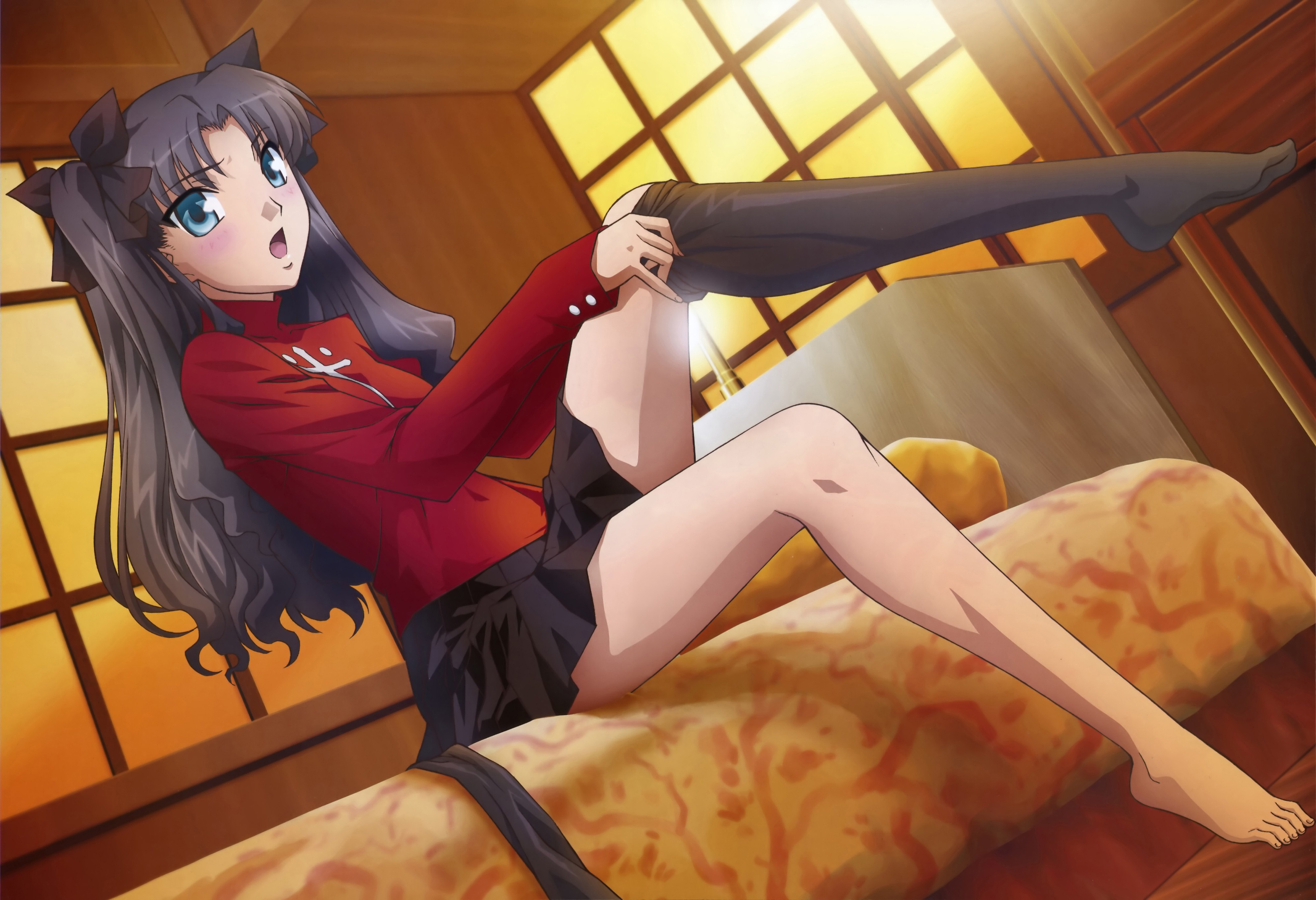 Anime 4000x2734 Tohsaka Rin Fate series anime anime girls blue eyes legs stockings embarrassed dark hair long hair women indoors indoors miniskirt