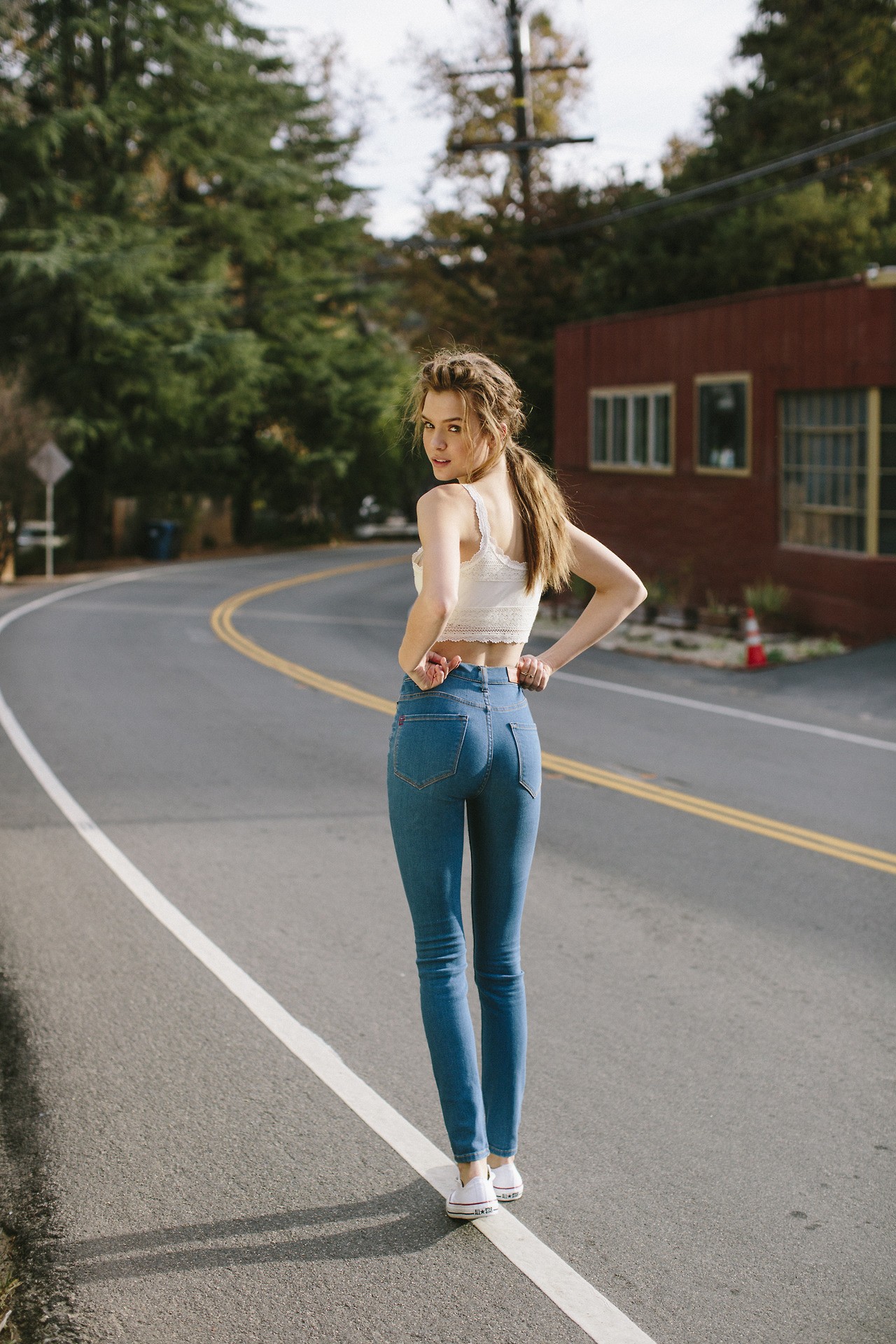 People 1280x1920 jeans brunette white tops women outdoors Josephine Skriver skinny looking back ponytail walking Danish Danish Girl Danish Women Danish model blue pants tight clothing ass looking at viewer outdoors women model blue  jeans