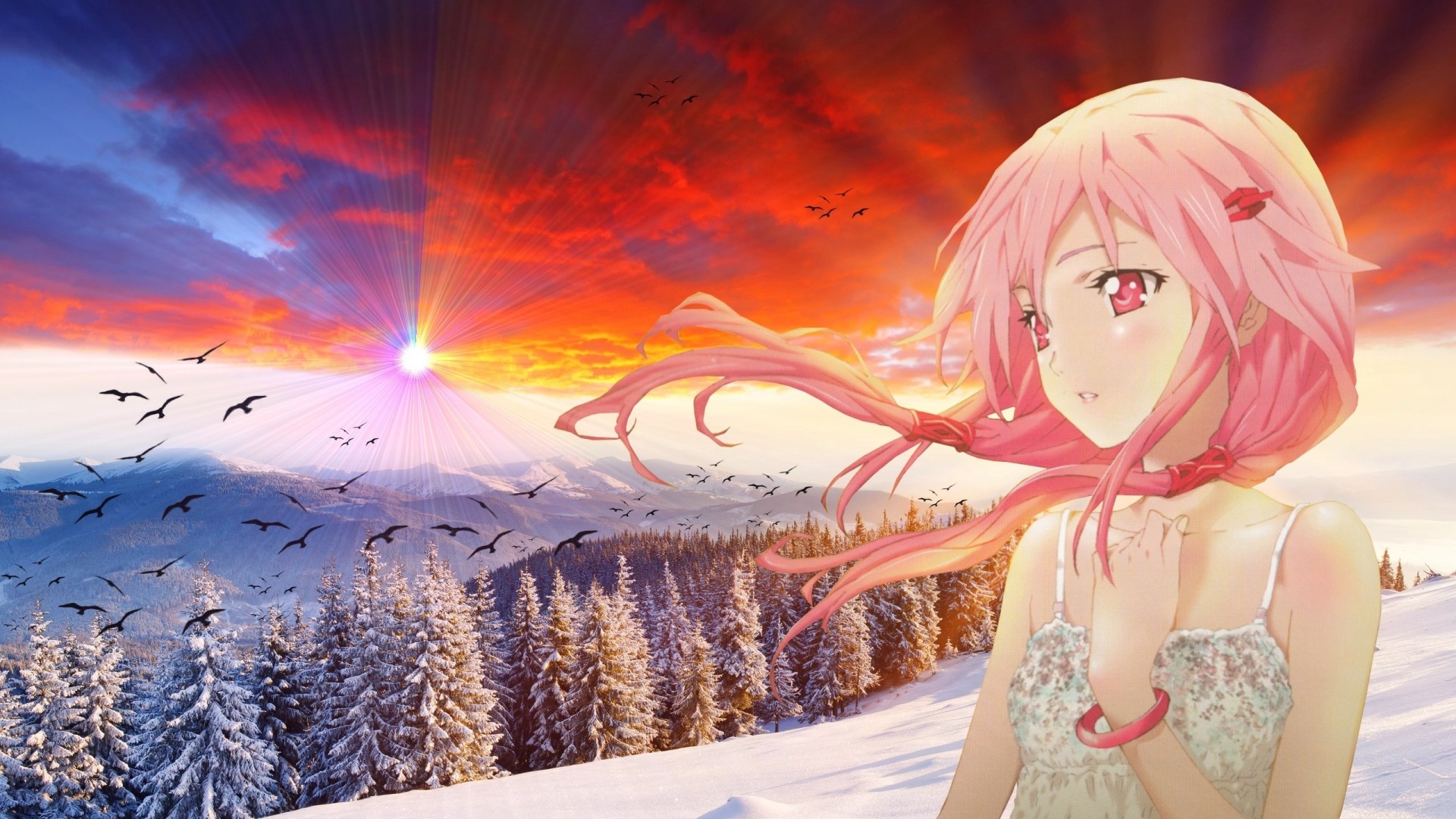 Anime 1920x1080 anime girls anime sky pink hair Guilty Crown trees windy long hair pink eyes bracelets birds animals sunlight clouds