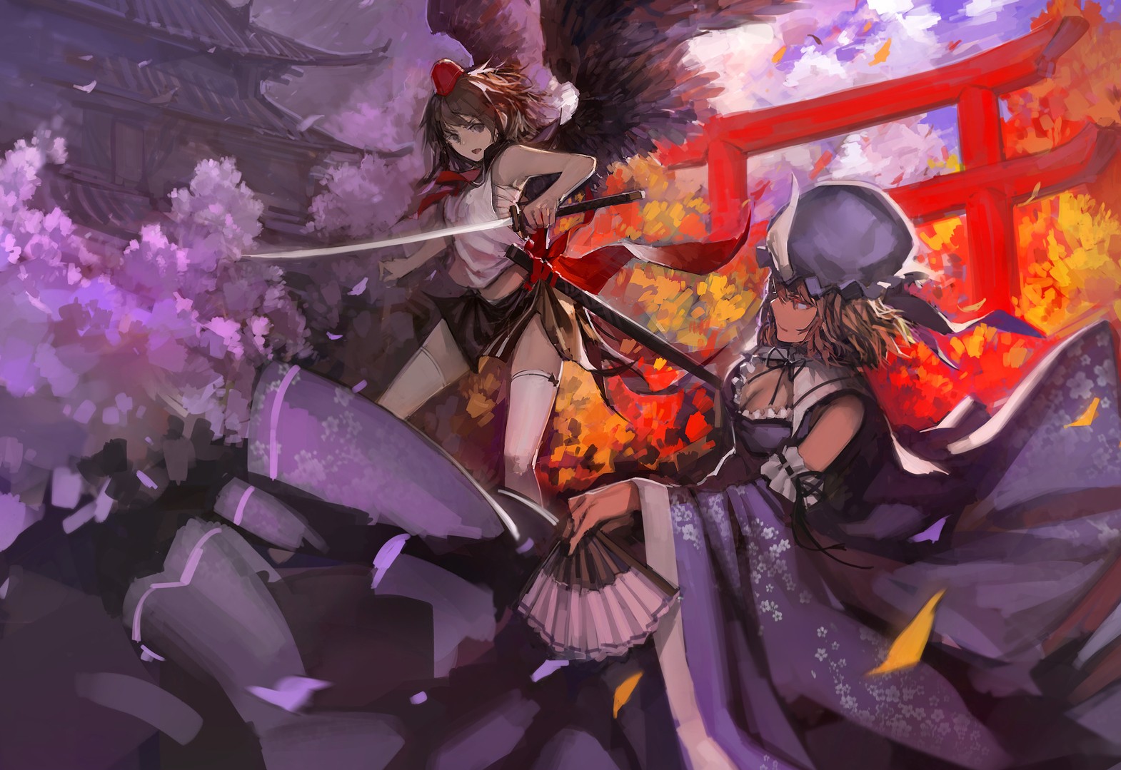 Anime 1570x1079 Saigyouji Yuyuko Shameimaru Aya anime fantasy girl sword women with swords two women katana