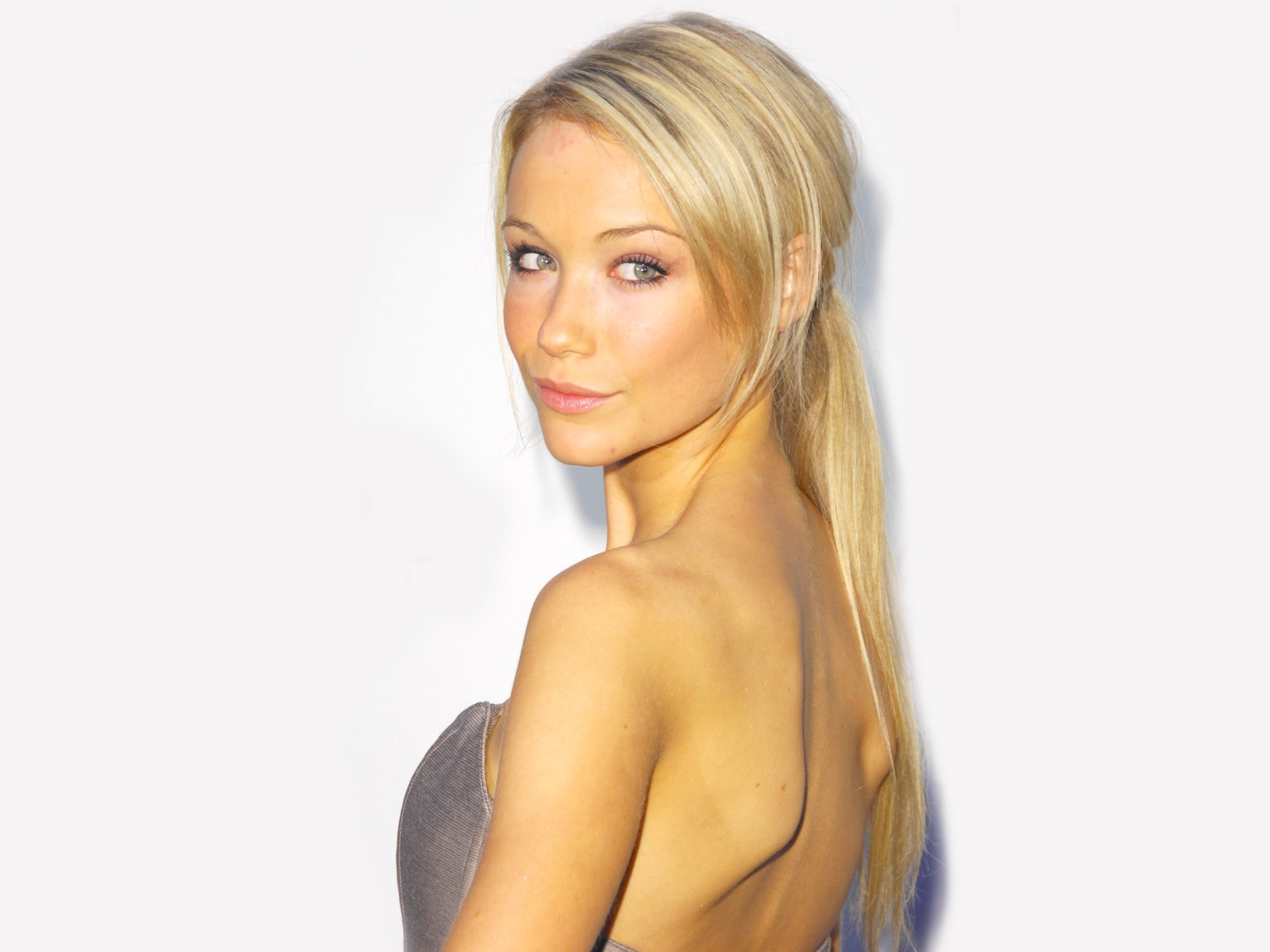 People 2560x1920 women blonde green eyes Katrina Bowden actress simple background white background looking over shoulder