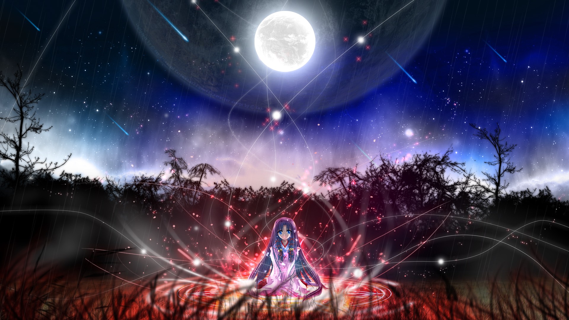 Anime 1920x1080 Air (anime) anime girls anime fantasy art fantasy girl Moon long hair sitting sky stars planet