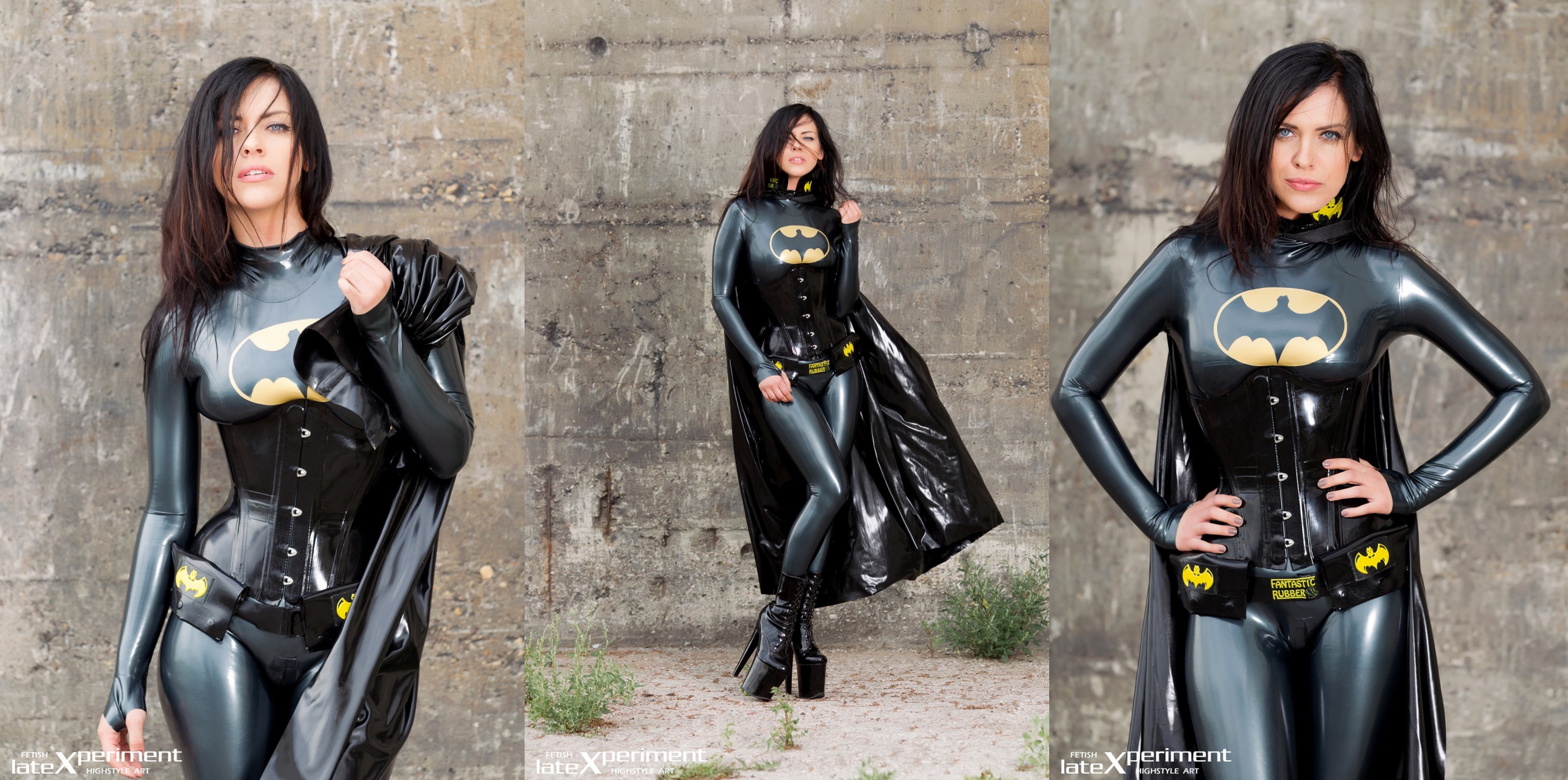 People 4035x2007 latex collage model Alexandra Corneille Batgirl looking at viewer women cosplay black corset Batman hands on hips platform high heels black latex