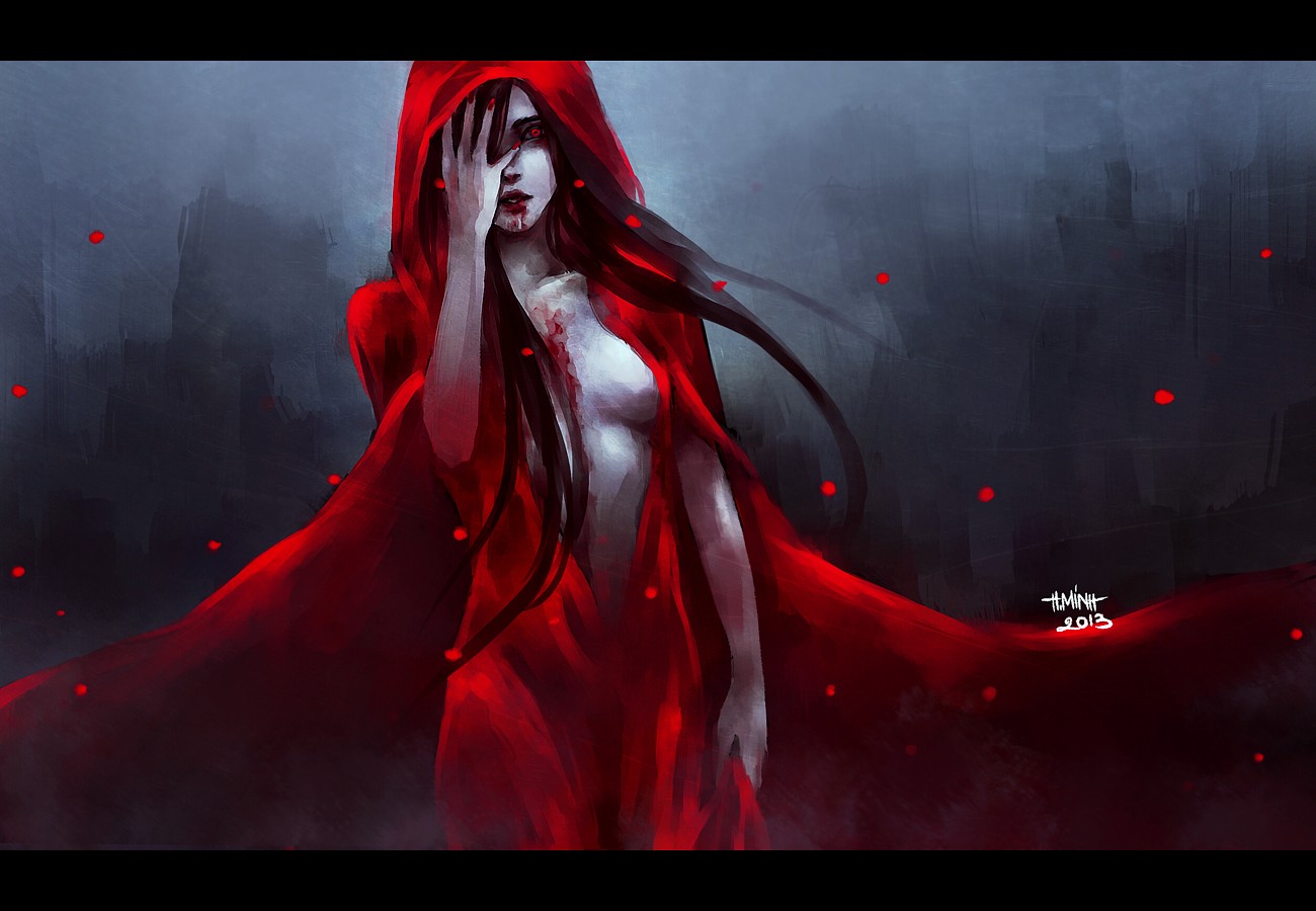 General 1300x900 red eyes NanFe  artwork boobs red dress fantasy art fantasy girl blood standing painted nails long hair looking at viewer 2013 (Year)
