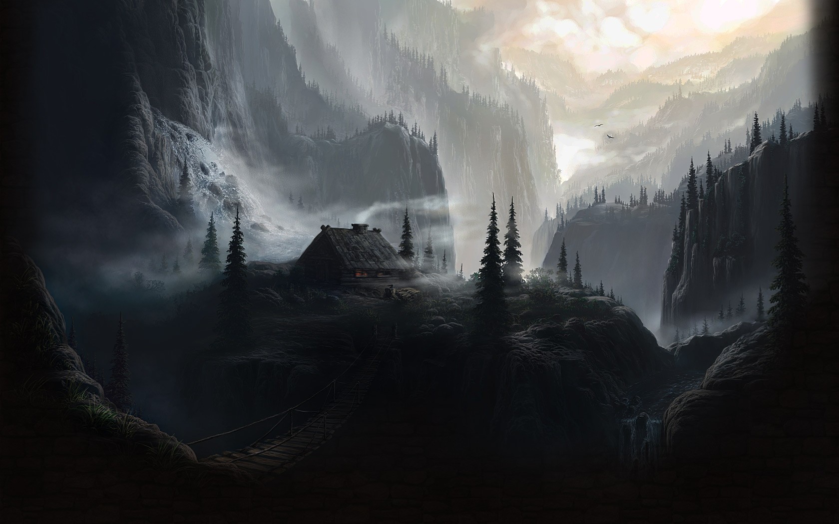 General 1680x1050 nature cabin mountains mist fantasy art forest DeviantArt waterfall digital art low light