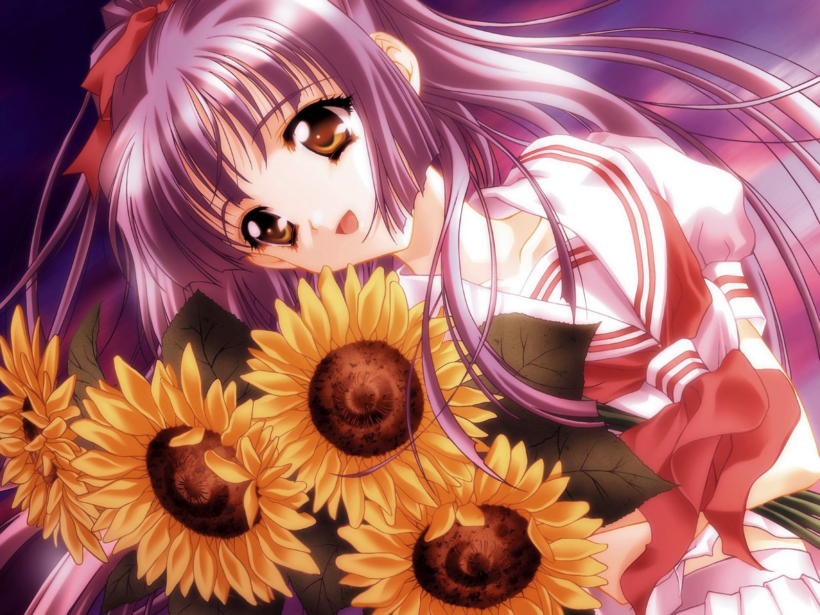 Anime 1600x1200 anime girls school uniform anime Moonlight Lady Kuraki Suzuna sunflowers flowers plants yellow flowers pink hair long hair