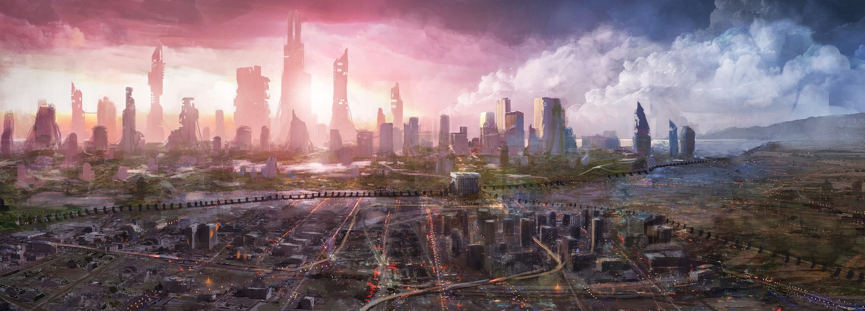 General 2956x1064 futuristic city science fiction artwork sky clouds futuristic cityscape sunlight