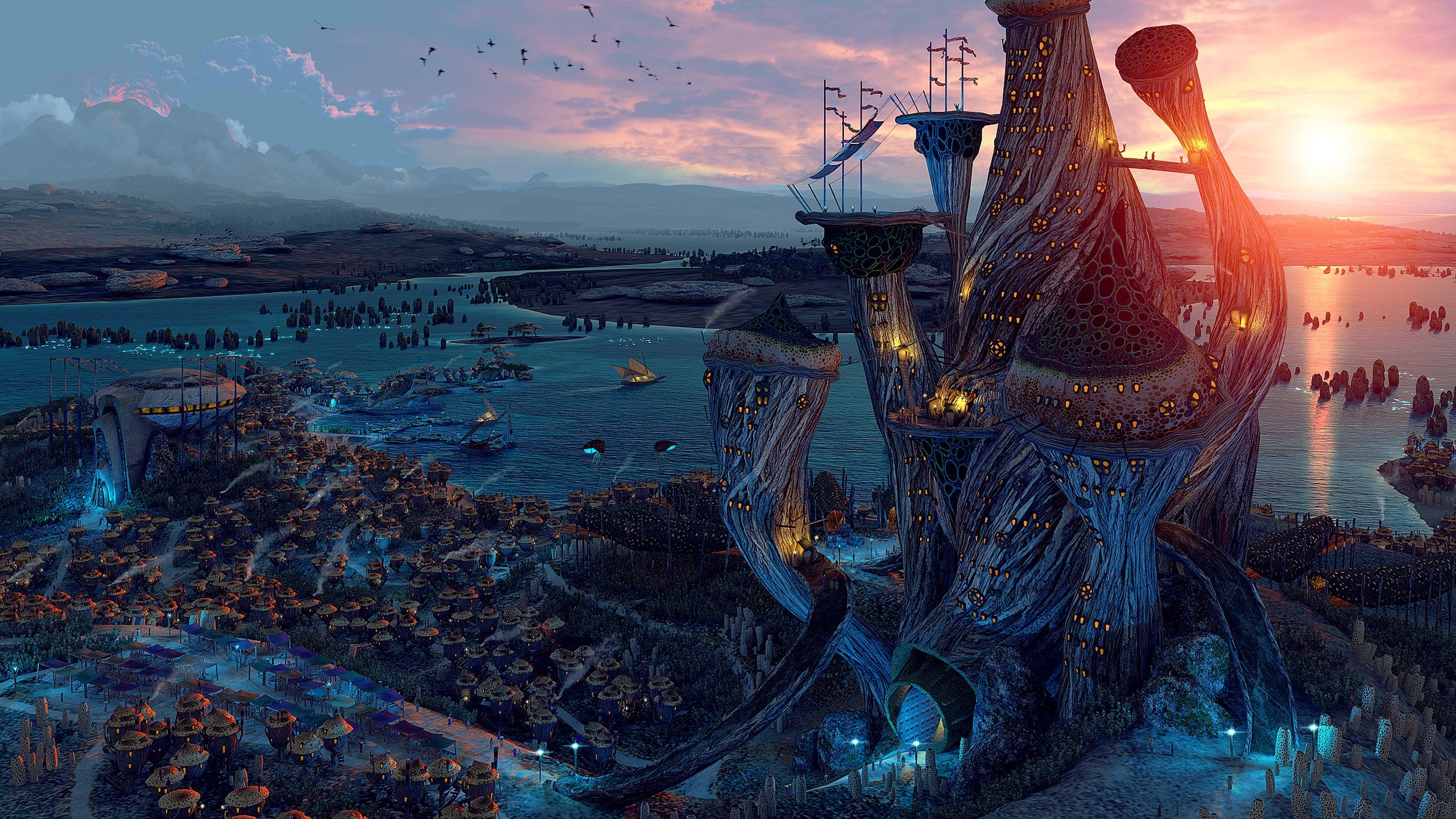 General 2560x1440 fantasy art digital art sunset river The Elder Scrolls III: Morrowind video games fantasy city