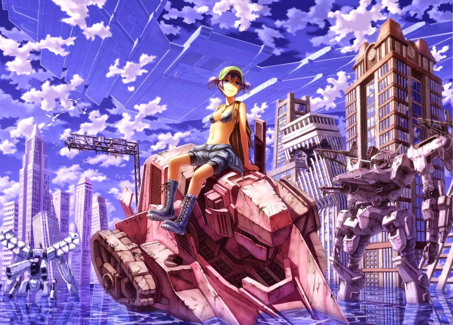 General 1532x1100 Kawashiro Nitori  mechs anime girls anime boobs science fiction science fiction women bra smiling looking at viewer hat sky clouds water