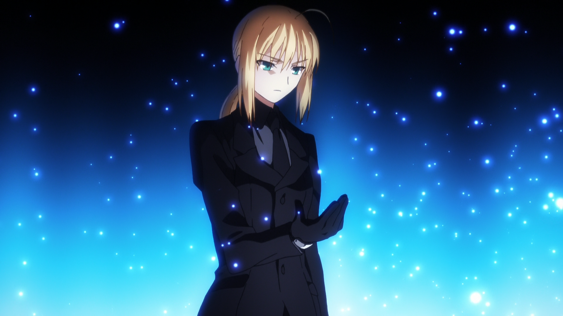 Anime 1920x1080 Saber anime girls anime Fate/Zero blonde green eyes lights standing tie Fate series suit and tie