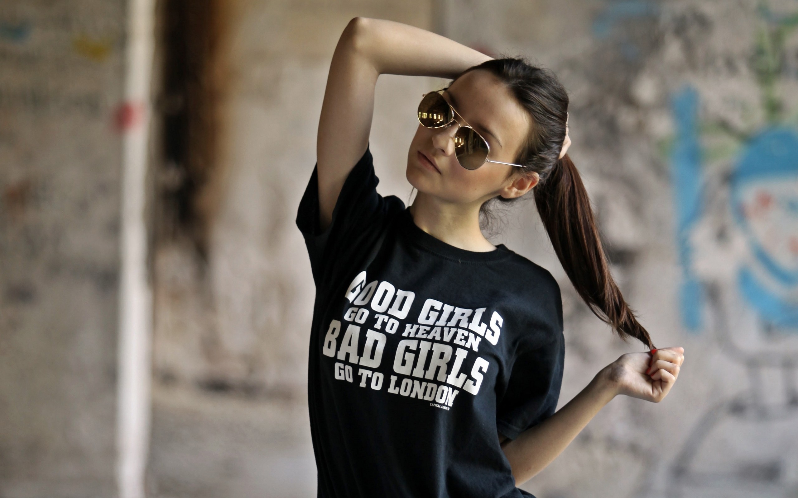People 2560x1600 London women women with glasses glasses model arms up T-shirt women with shades sunglasses long hair brunette ponytail