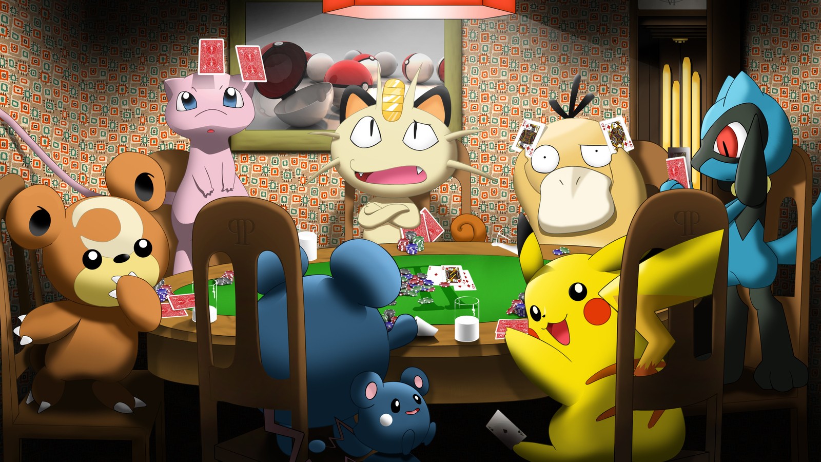 Anime 1600x900 Pokémon Pikachu Mew Meowth Riolu poker video games anime playing cards humor