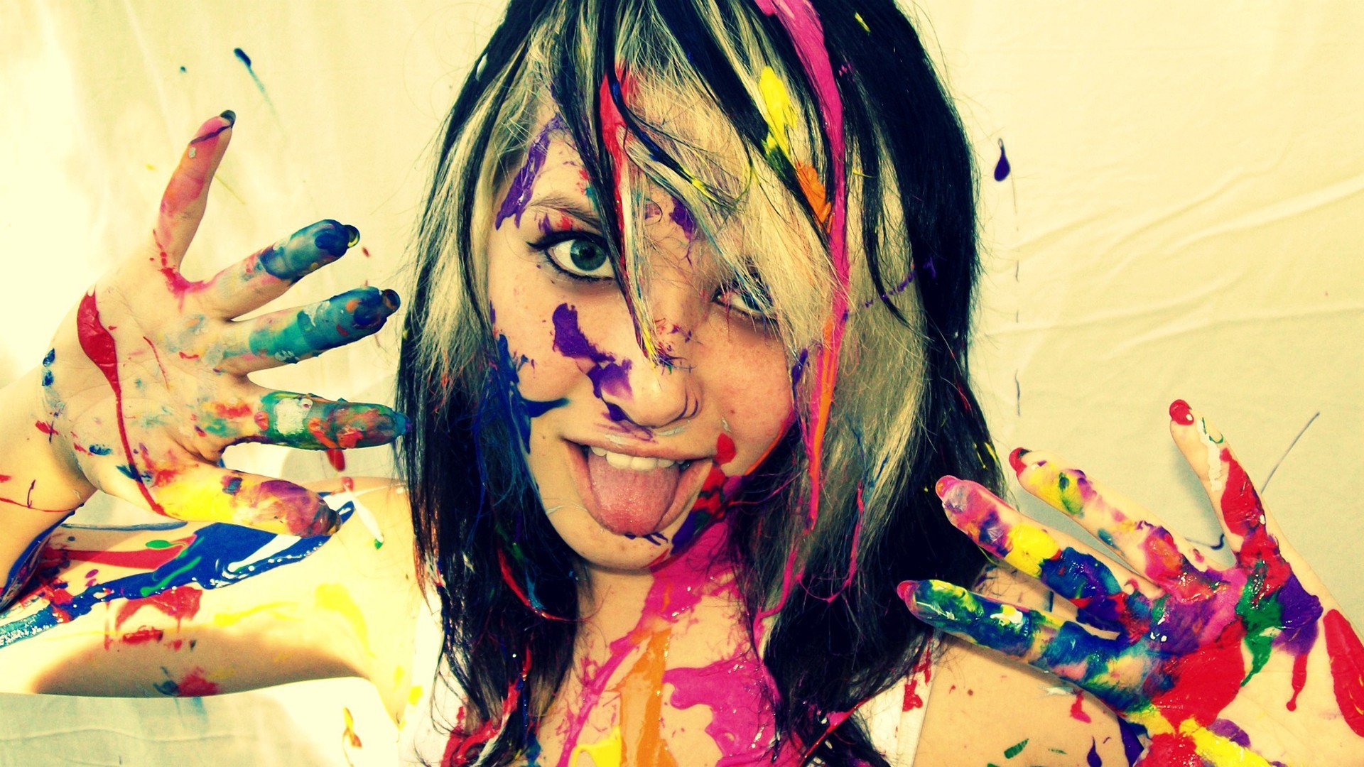 People 1920x1080 paint blue eyes dyed hair tongues teeth eyeshadow white background women body paint colorful tongue out