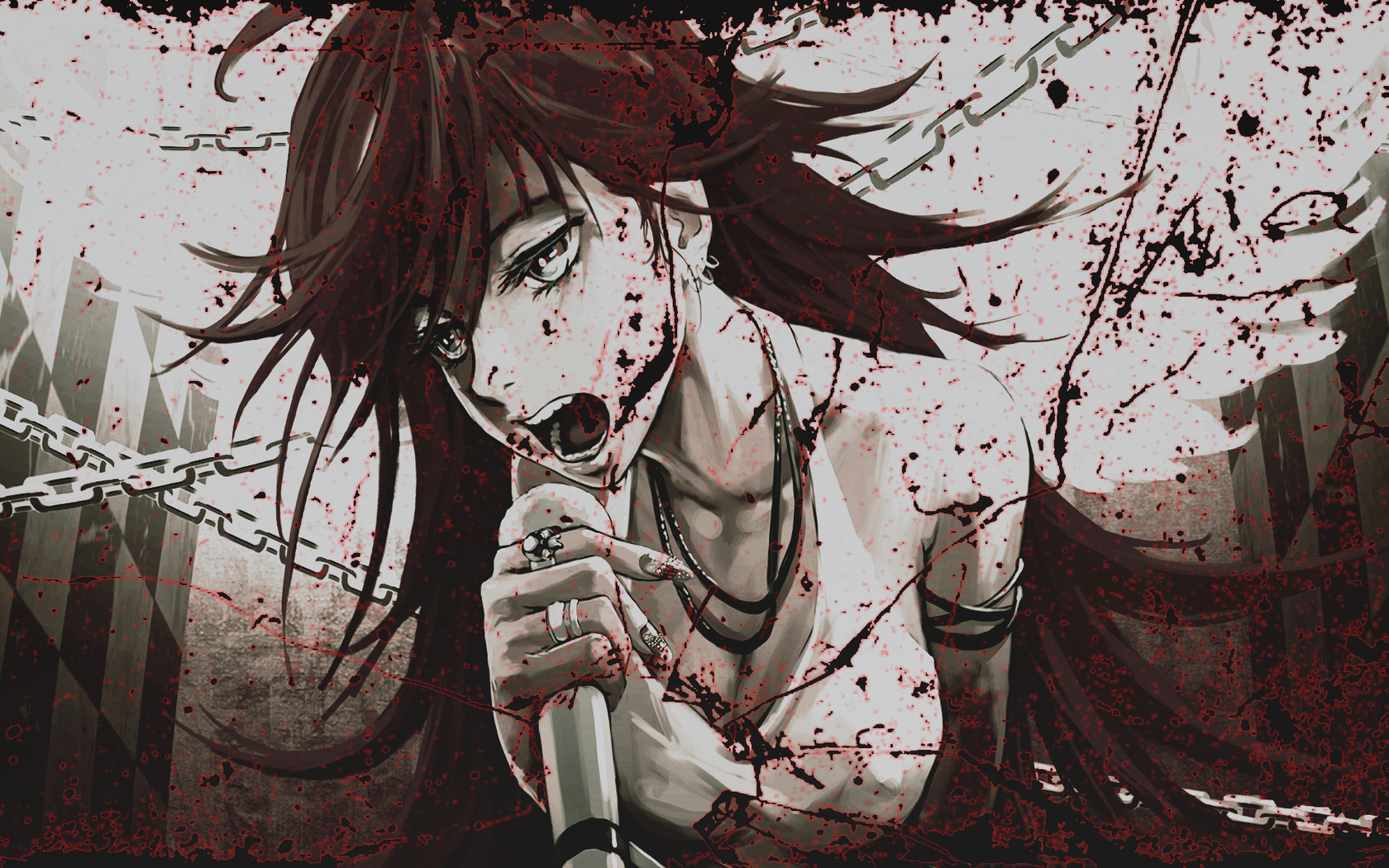 Anime 1680x1050 anime anime girls Panty and Stocking with Garterbelt blood open mouth microphone brunette blood spatter women long hair chains