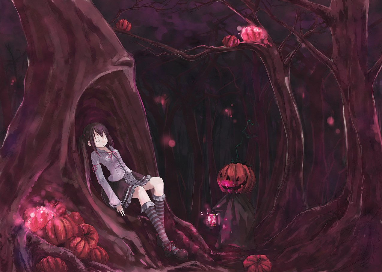 Anime 1275x906 anime girls Halloween anime original characters fantasy art fantasy girl trees pumpkin