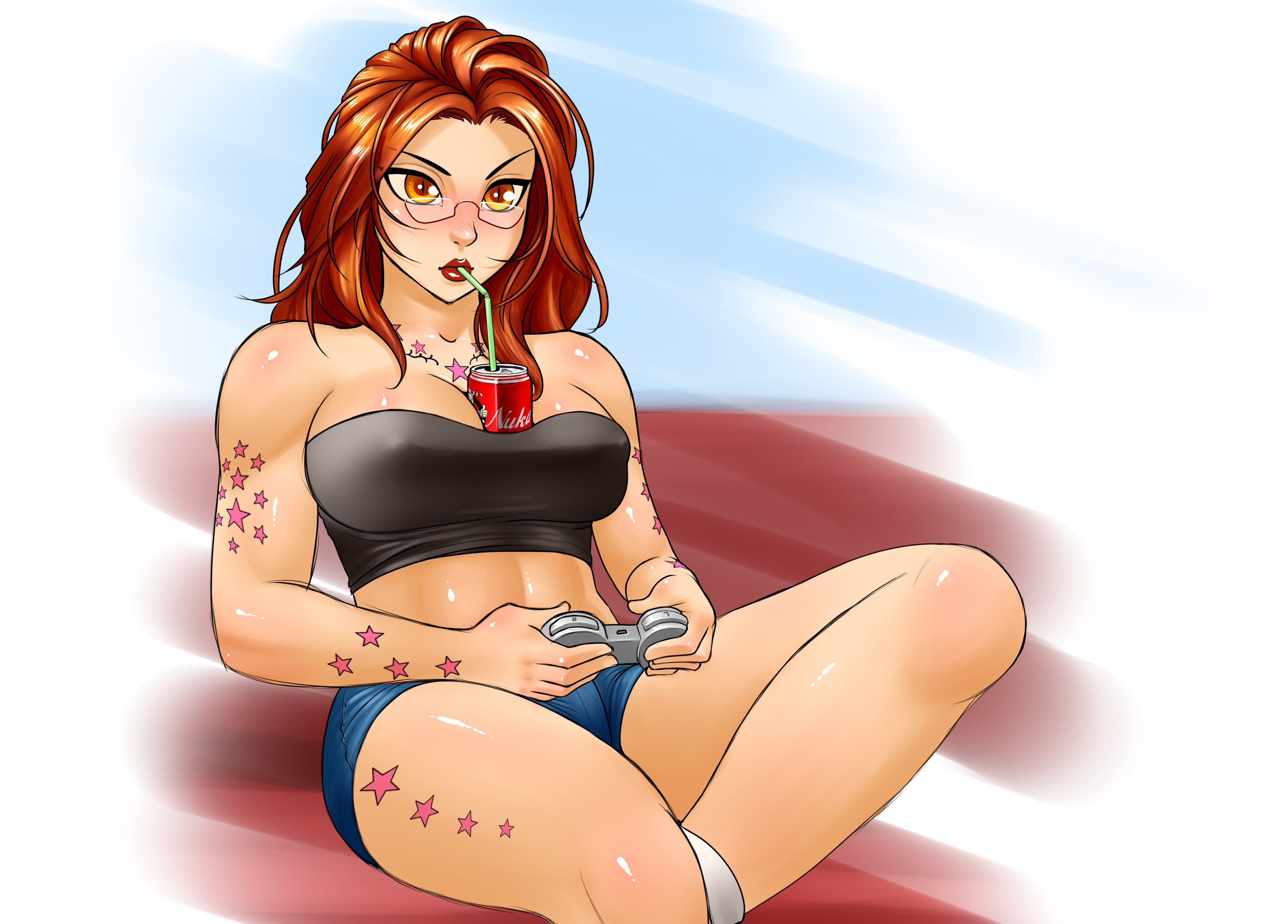 General 3000x2153 artwork big boobs controllers boobs red lipstick tattoo RoninDude redhead simple background gamer can item between boobs legs bare shoulders minimalism long hair