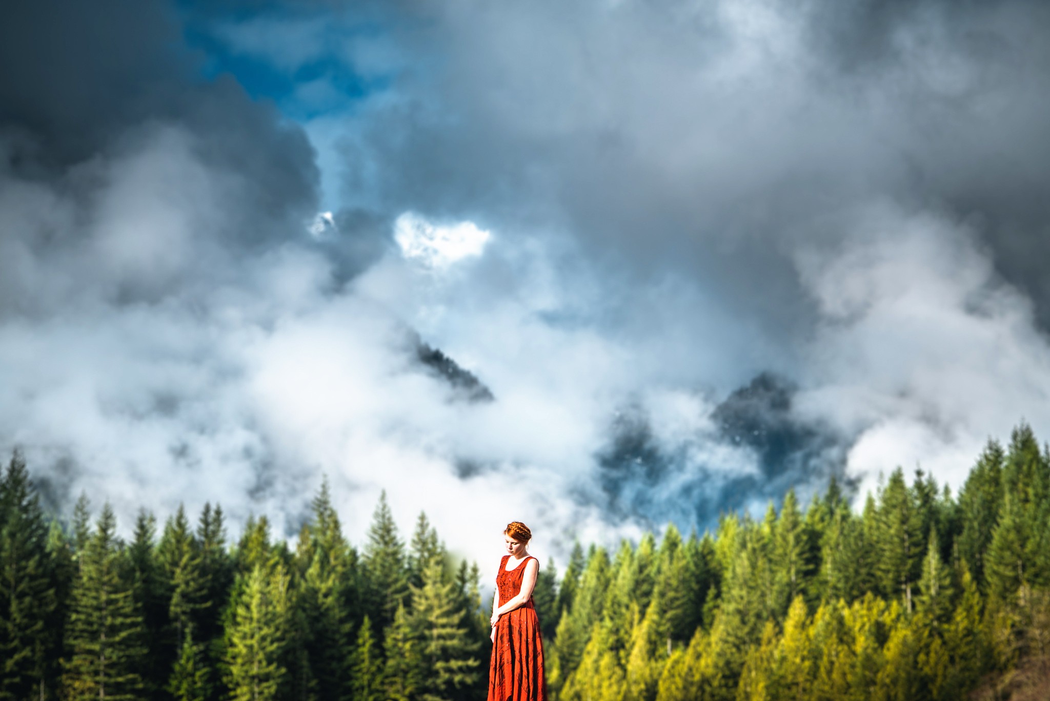 People 2048x1368 trees women outdoors clouds women red dress dress nature sky standing red clothing