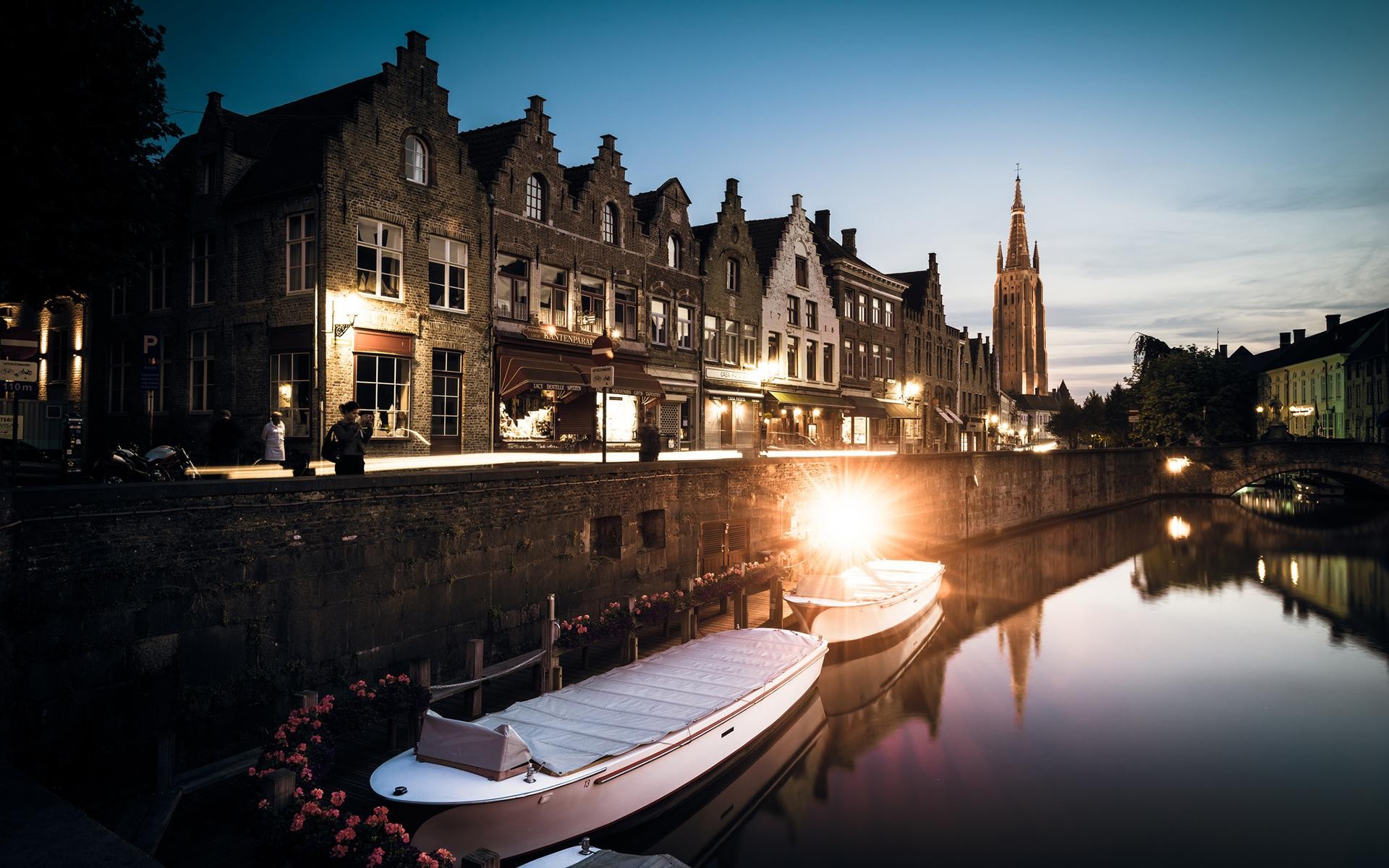 General 1920x1200 photography dusk city urban house church building water river reflection town boat Bruges Belgium