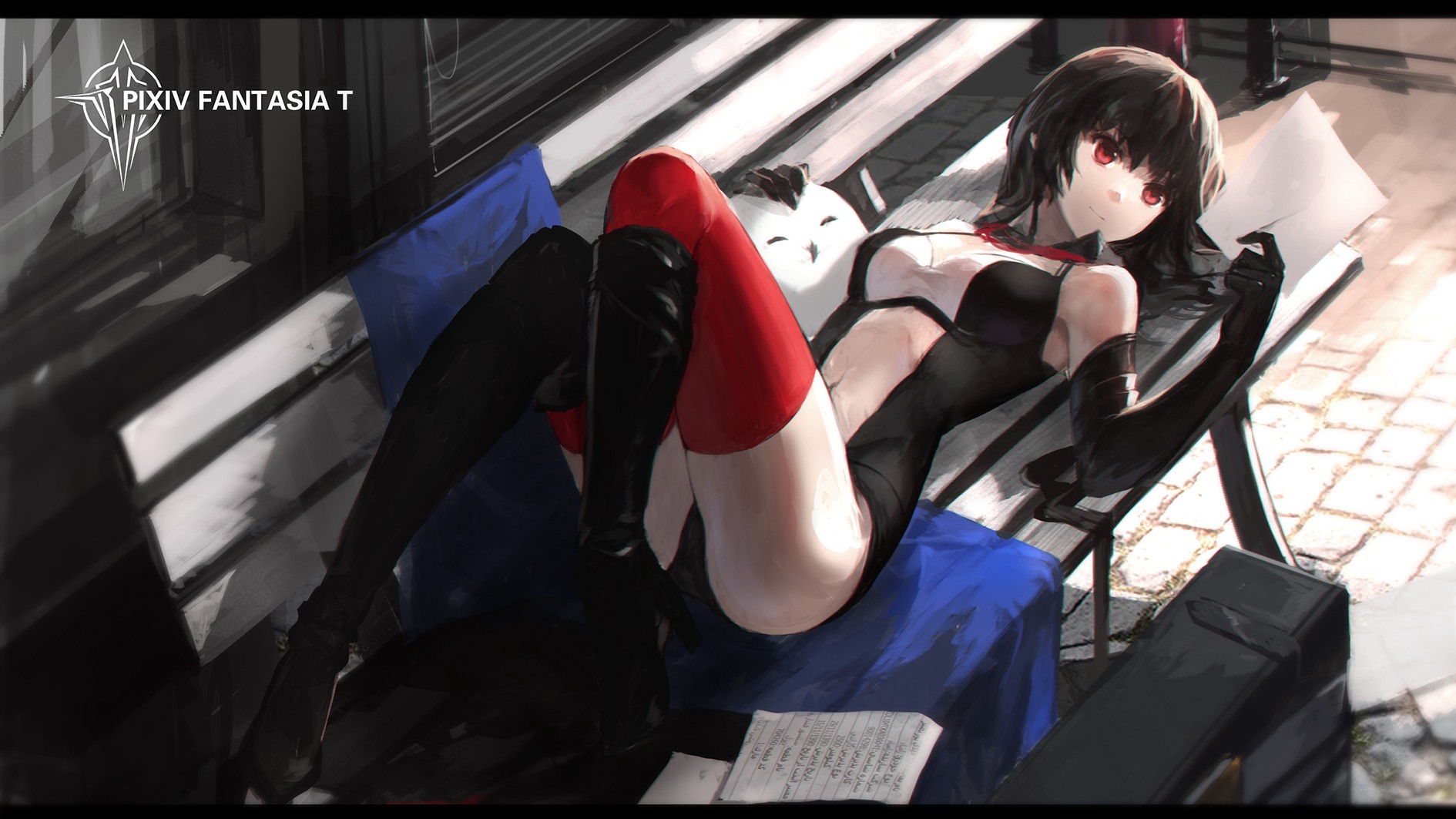 Anime 1890x1063 anime girls anime legs Swd3e2 Pixiv Fantasia stockings red stockings black hair red eyes lying on back Pixiv