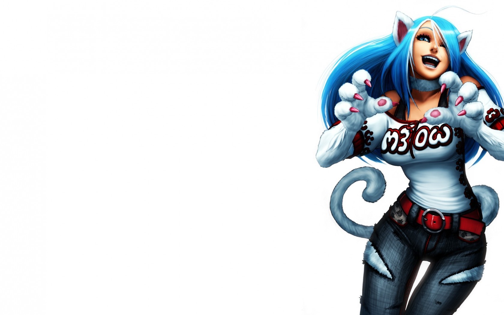 Anime 1680x1050 Darkstalkers Felicia (Darkstalkers) blue hair claws white background tail cat girl open mouth cyan hair long hair simple background video games video game art video game girls
