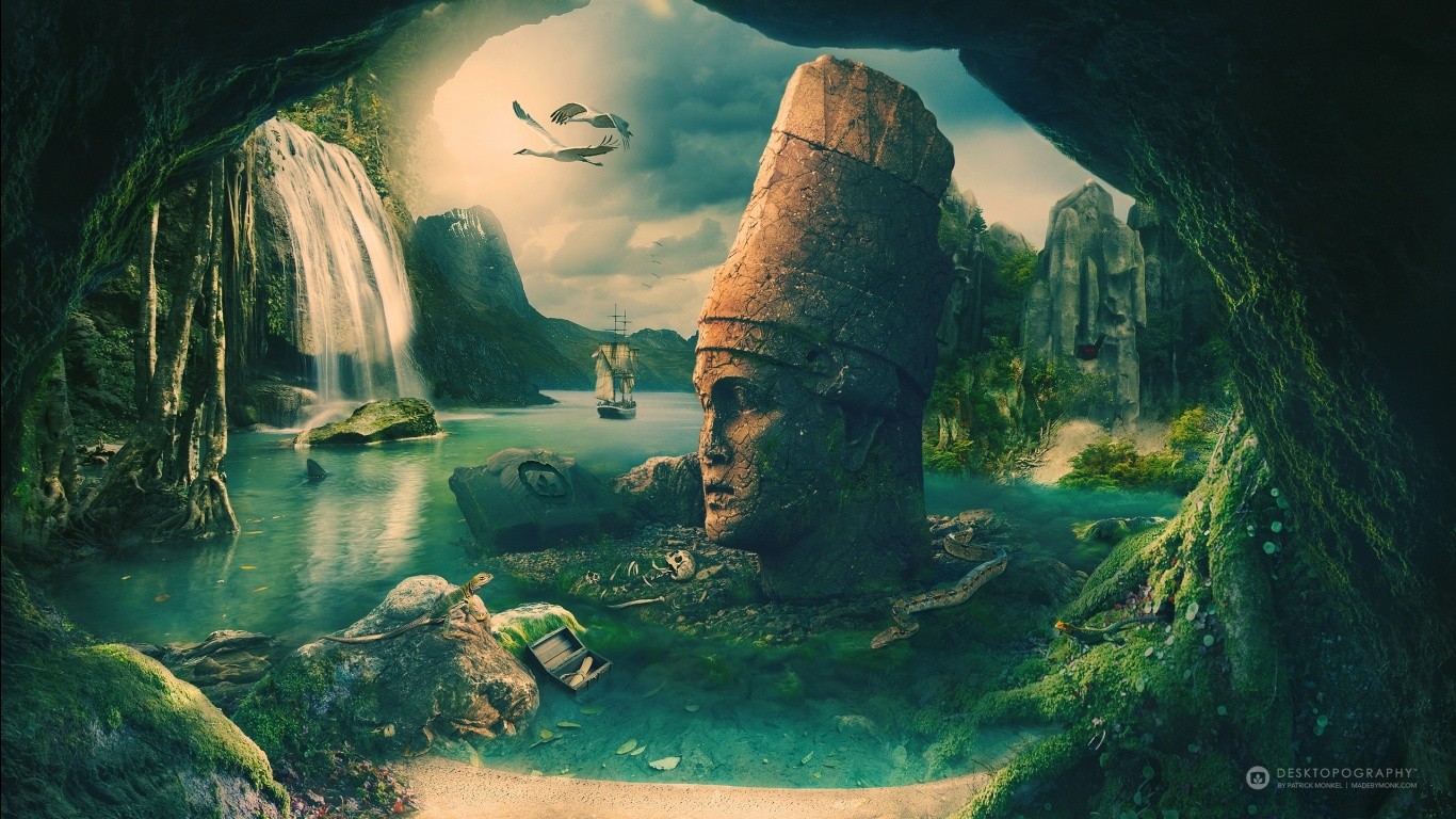 General 1366x768 digital art nature fantasy art Desktopography Maya (civilization) sailing ship waterfall birds