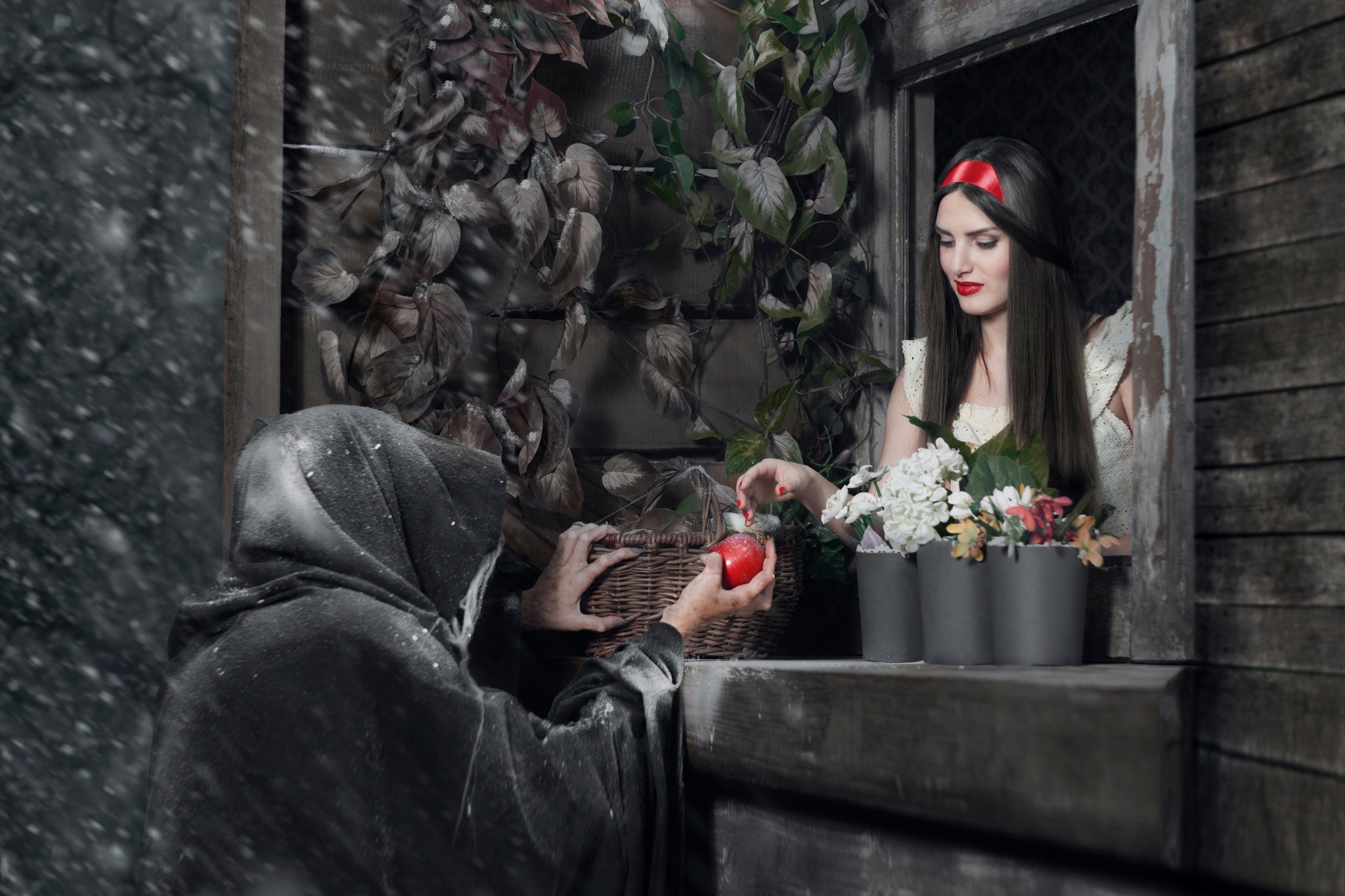 General 2048x1365 fairy tale witch Snow White fantasy girl food fruit apples makeup red lipstick red nails painted nails women model