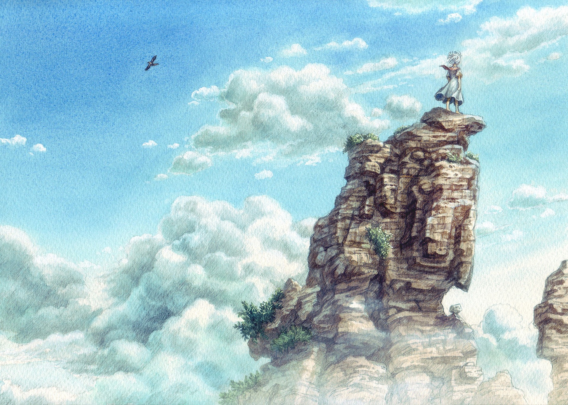 Anime 1920x1370 fantasy art clouds cliff landscape rocks rock formation sky birds nature