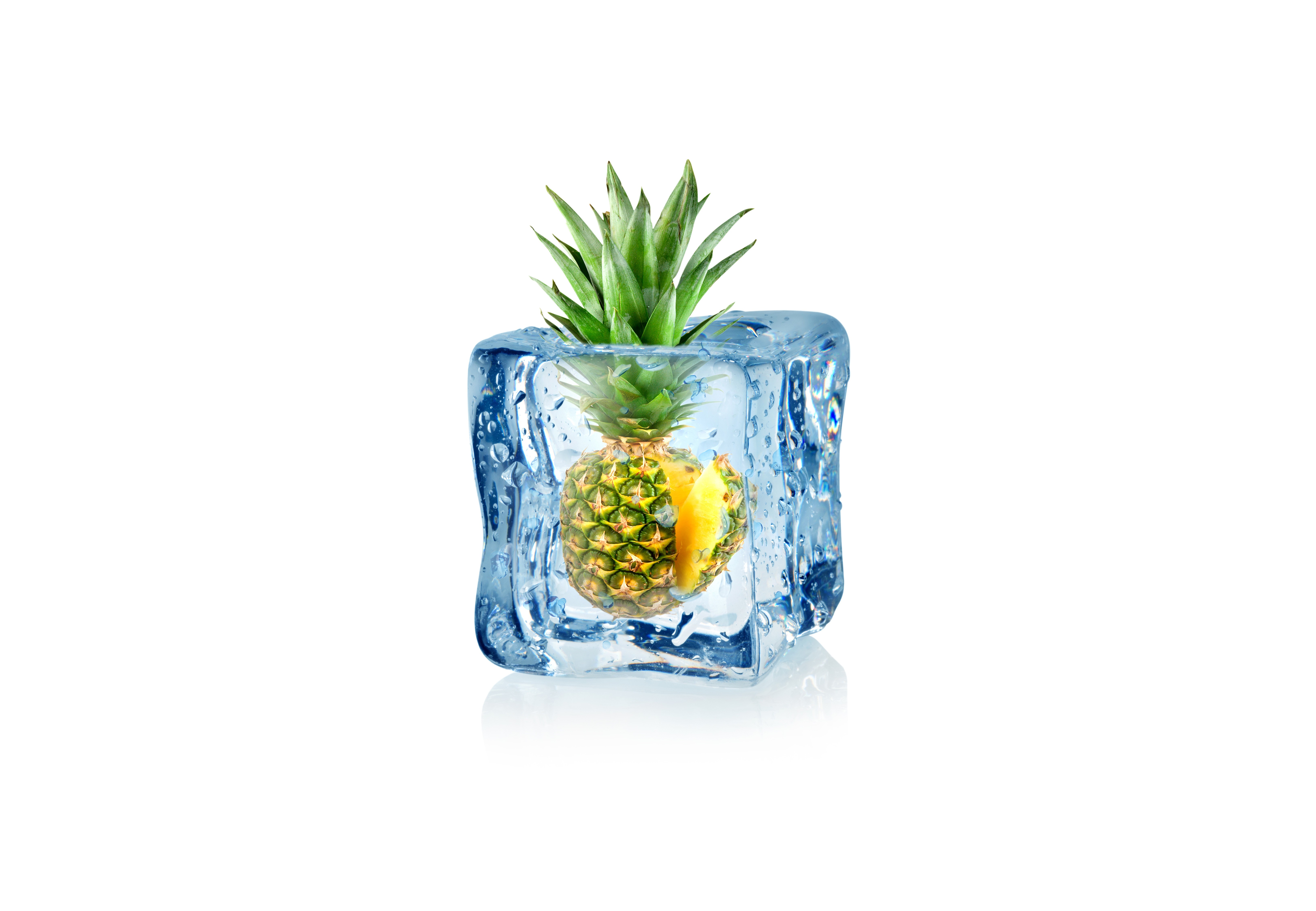General 6500x4500 minimalism white background fruit digital art ice cubes pineapples leaves water drops 3D Blocks food simple background CGI