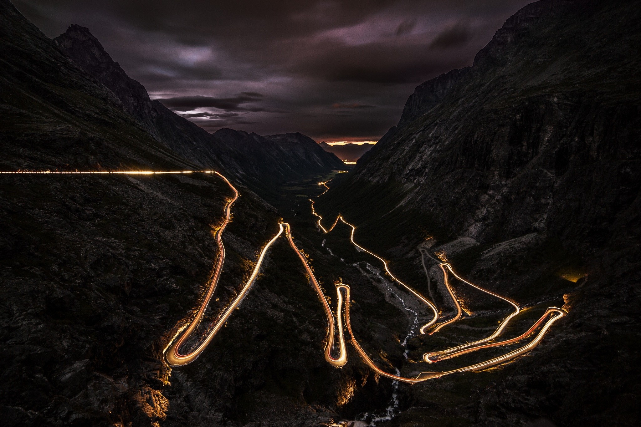 General 2048x1365 road night lights Norway mountains landscape long exposure hairpin turns nordic landscapes Trollstigen low light