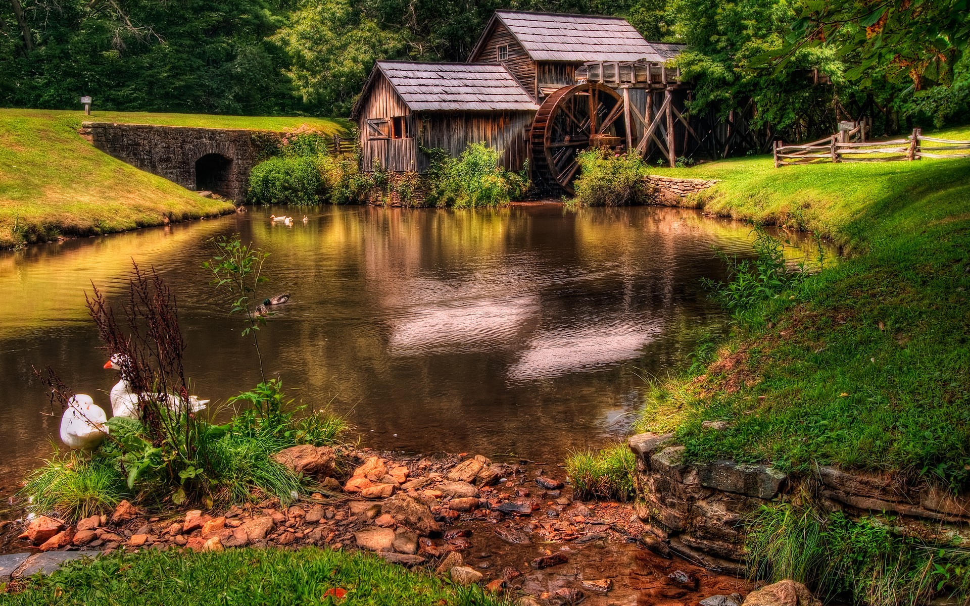 General 1920x1200 landscape watermills pond HDR wood house