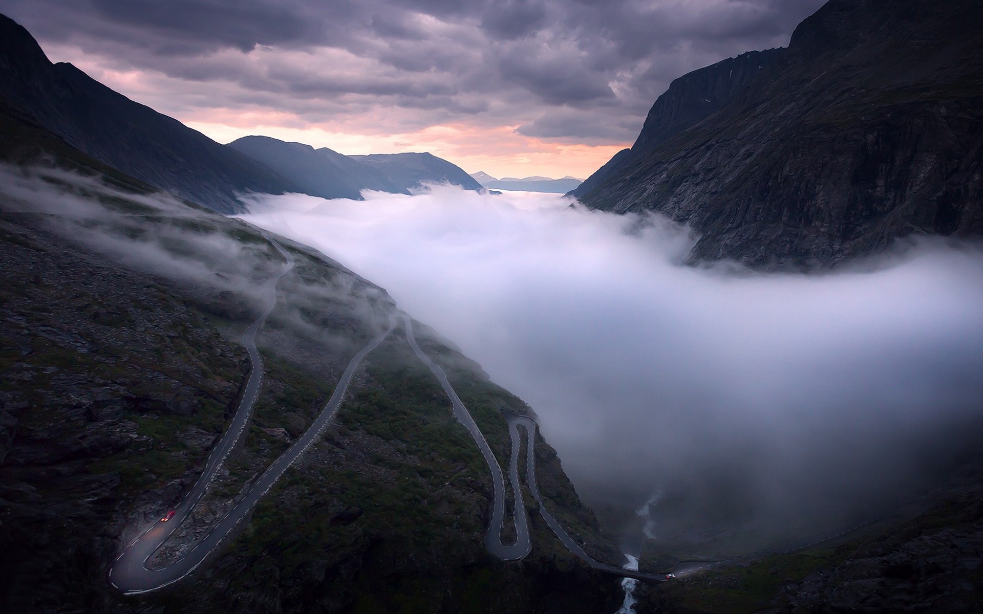 General 1920x1200 nature landscape road mist mountains clouds valley river Norway hairpin turns Trollstigen