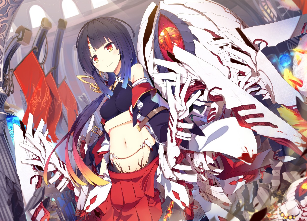 Anime 1250x899 original characters long hair red eyes creature blood anime girls anime belly fantasy art fantasy girl