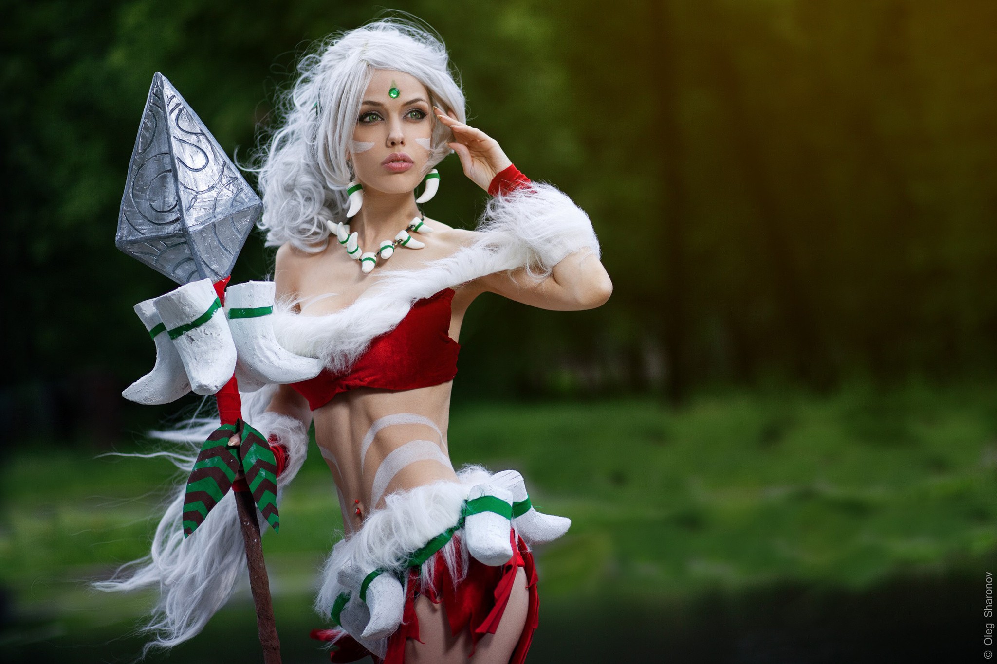 People 2048x1365 cosplay pierced navel spear Nidalee (League of Legends) League of Legends women white hair belly bare shoulders gray hair necklace costumes fantasy girl model video game girls Oleg Sharonov