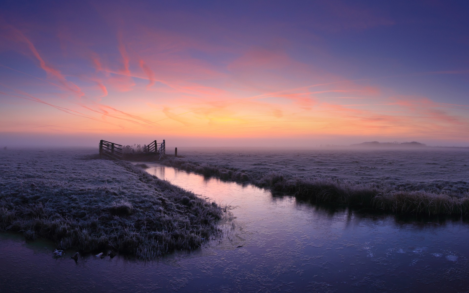 General 1920x1200 nature landscape mist frost cold field canal grass clouds