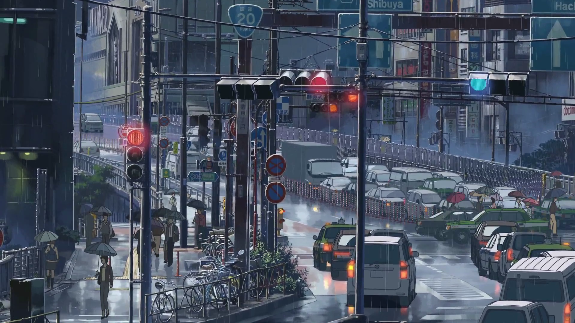 Anime 1920x1080 anime Makoto Shinkai  The Garden of Words Japan street traffic detailed rain cityscape car vehicle traffic lights