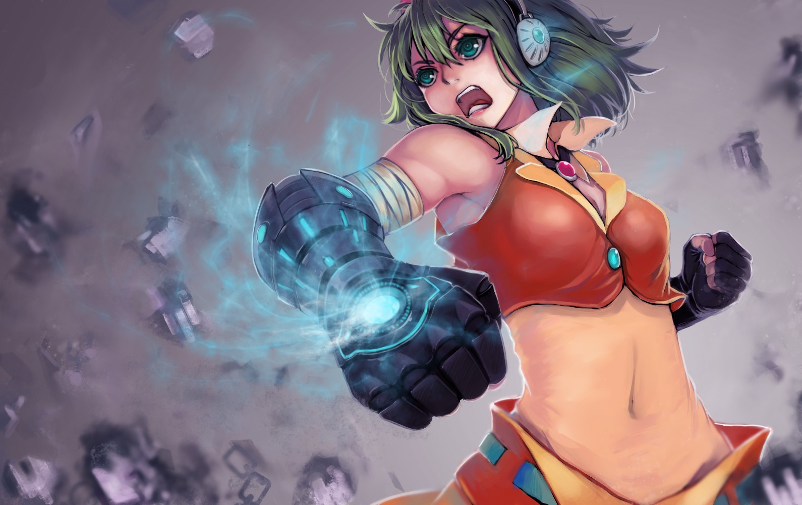 Anime 1590x1001 Vocaloid Megpoid Gumi anime girls short hair bangs green eyes green hair headphones open mouth bare shoulders armpits gloves bandages belly button skirt belly fist