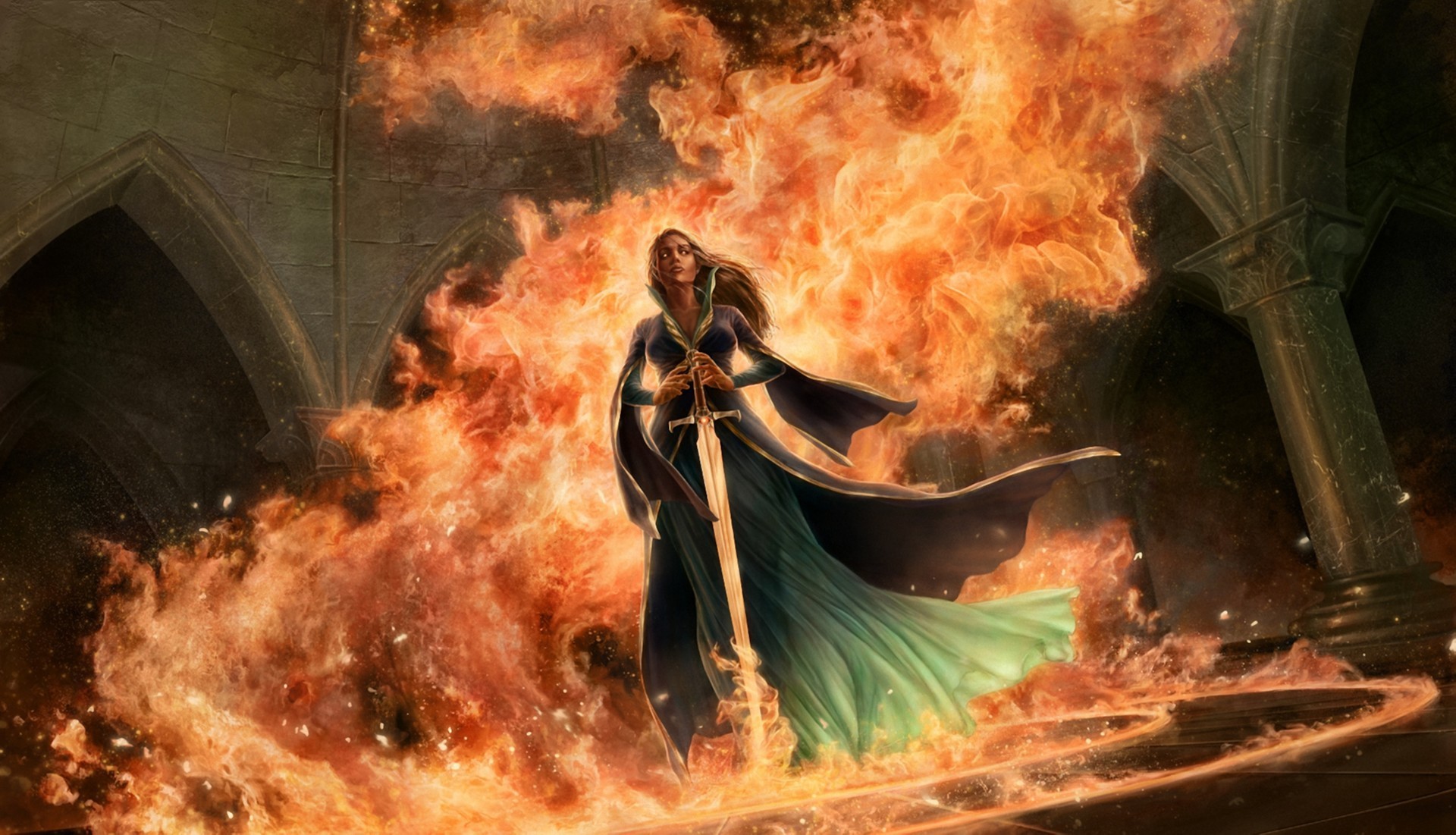 General 1920x1101 fantasy art fire fantasy girl sword women with swords weapon