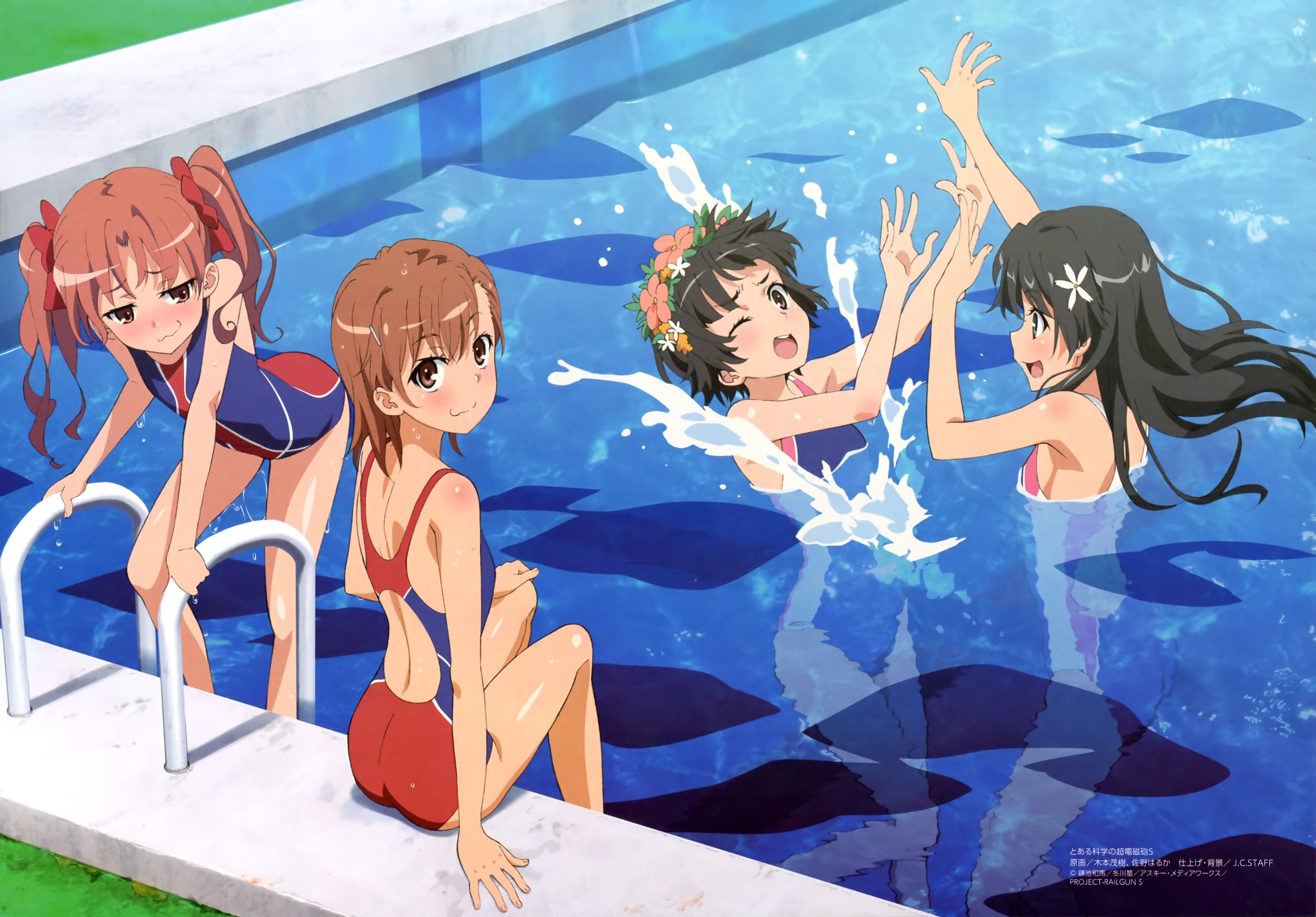 Anime 4078x2844 Misaka Mikoto Shirai Kuroko Saten Ruiko Uiharu Kazari To Aru Kagaku no Railgun anime girls swimming pool anime one-piece swimsuit group of women swimwear in water brunette redhead bright