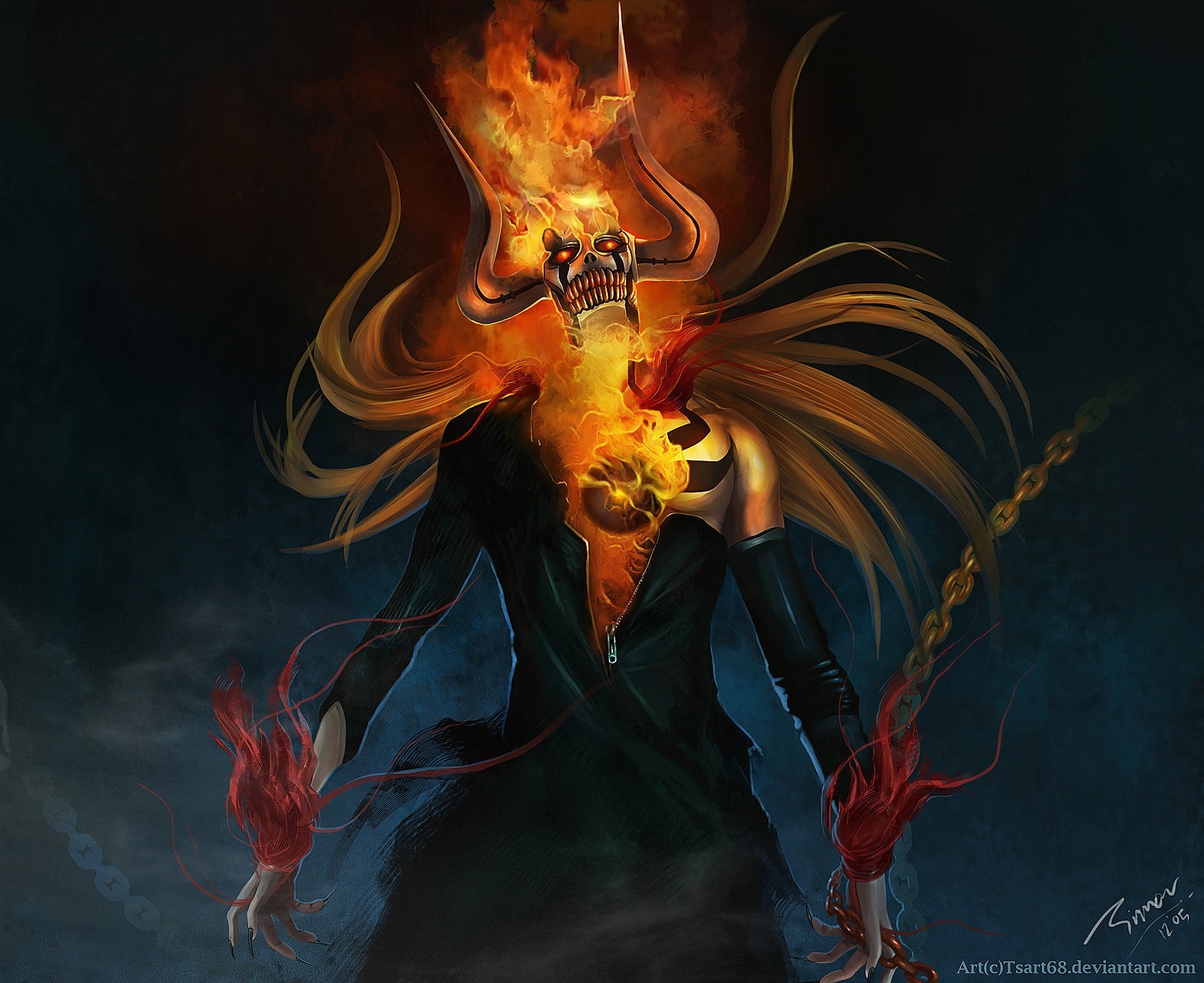 Anime 1754x1432 Bleach Kurosaki Ichigo Hollow Vasto Lorde fire chains skull anime demon DeviantArt