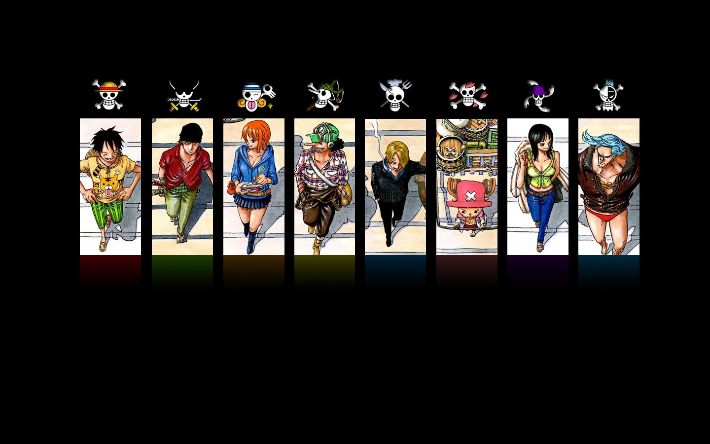 Anime 1440x900 One Piece Monkey D. Luffy Roronoa Zoro Nami Usopp Sanji Tony Tony Chopper Nico Robin Jolly Roger anime Frankie collage anime girls anime boys