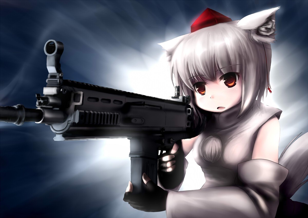 Anime 1200x850 anime anime girls gun Touhou animal ears Inubashiri Momiji wolf girls machine gun weapon girls with guns aiming anime girls with guns