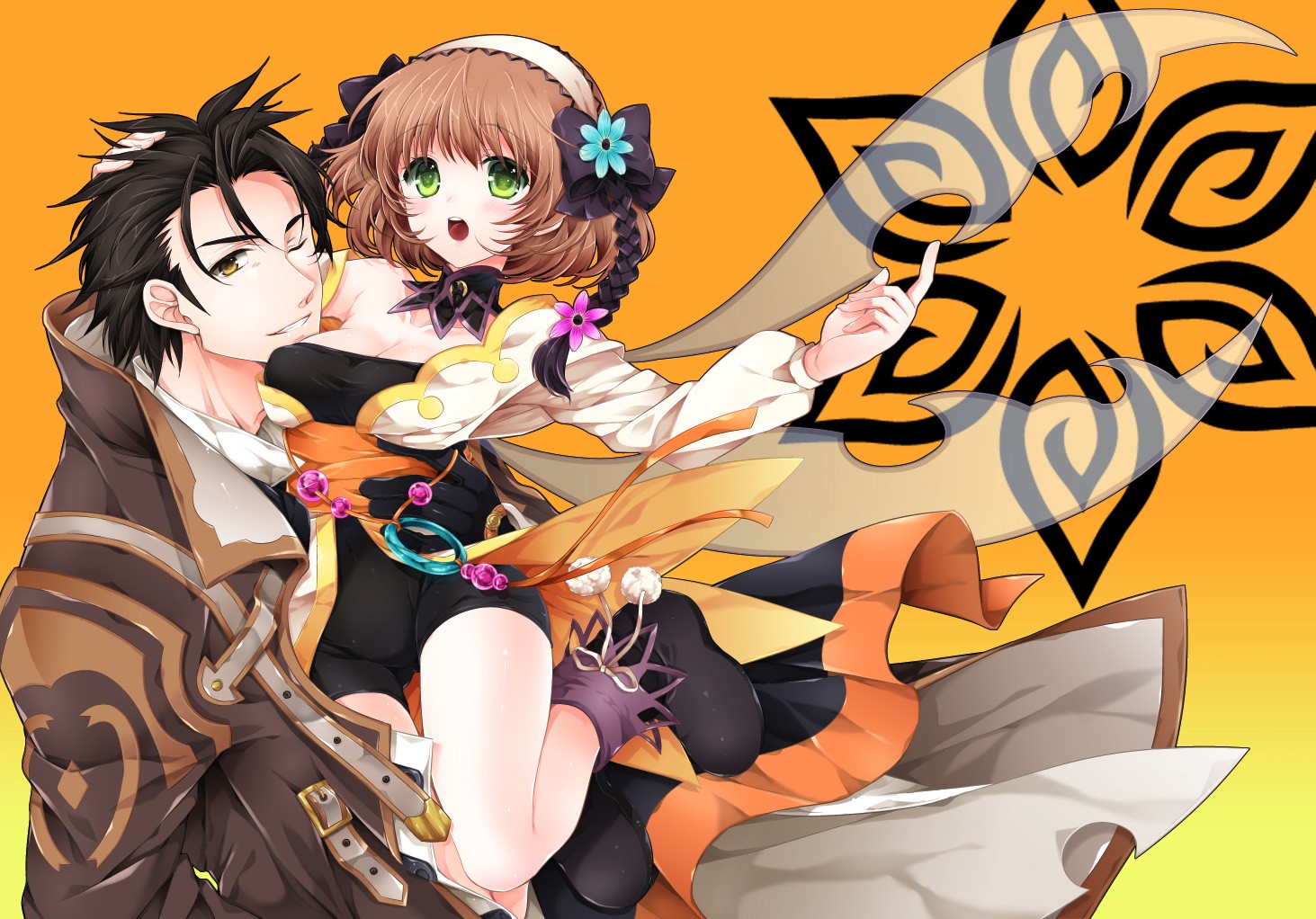 Anime 1463x1022 anime girls anime boys Tales of Xillia Tales of Series open mouth brunette yellow background gradient dark hair green eyes