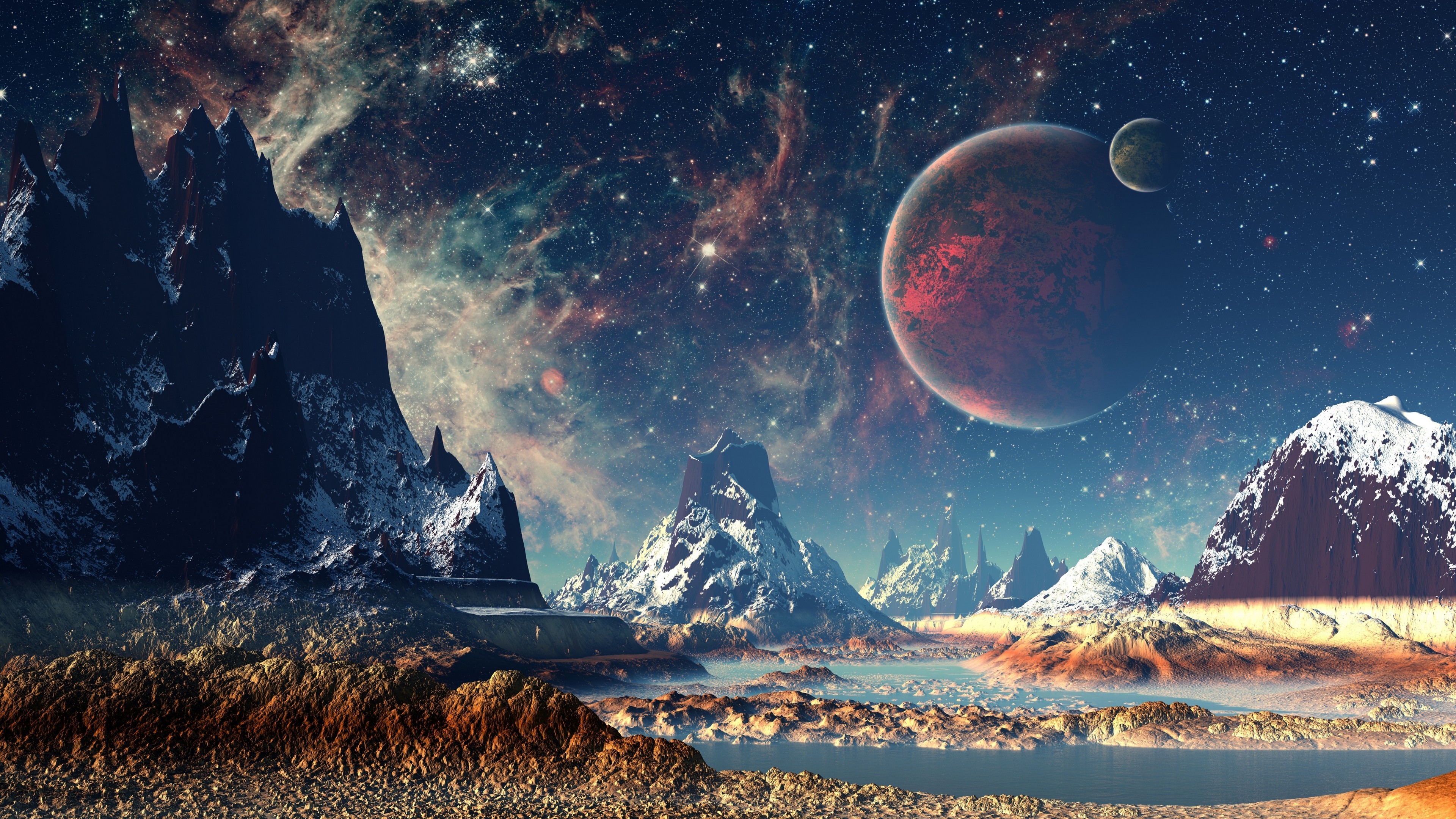 General 3840x2160 stars planet space mountains digital art artwork sky landscape nature