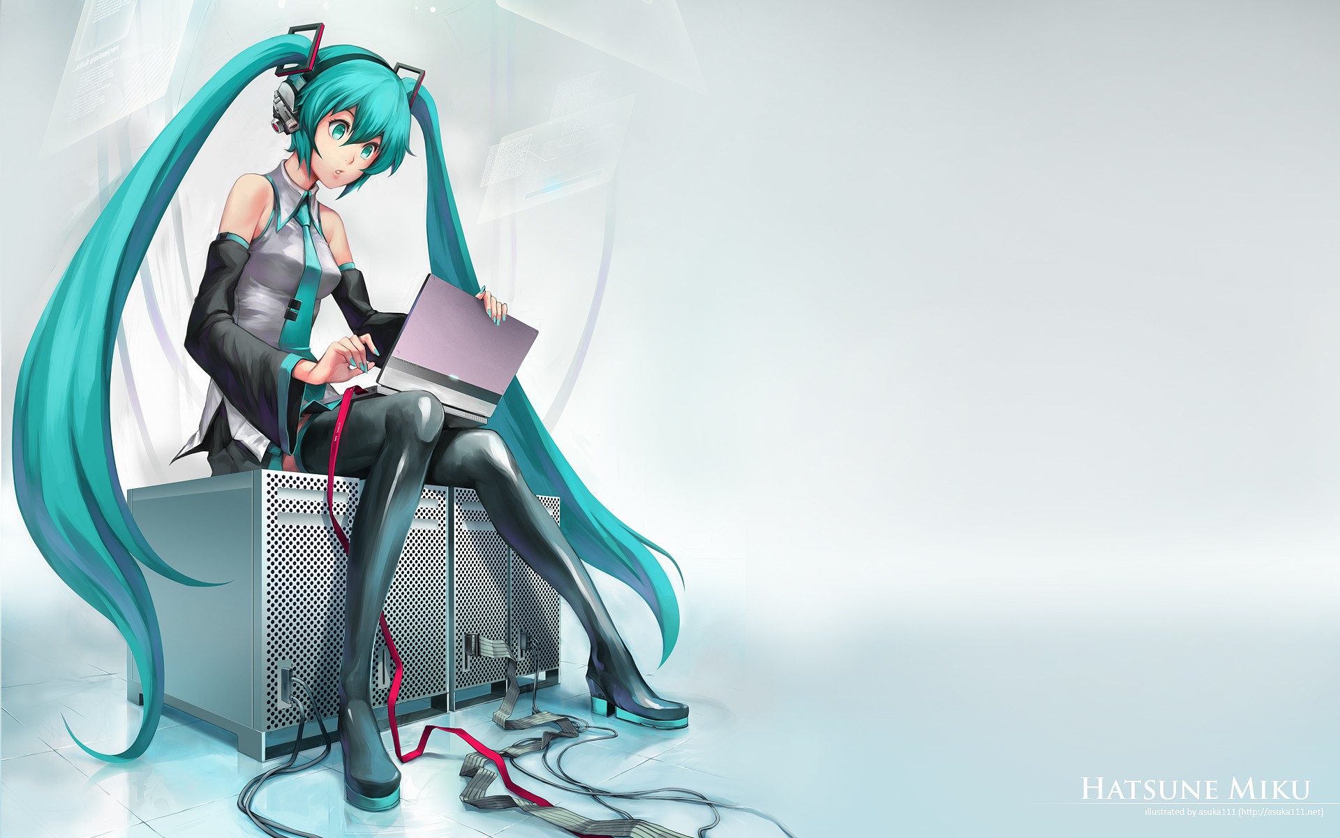 Anime 1920x1200 Hatsune Miku computer cables laptop sitting anime girls blue hair stockings anime cyan hair cyan simple background white background long hair turquoise hair legs together tie