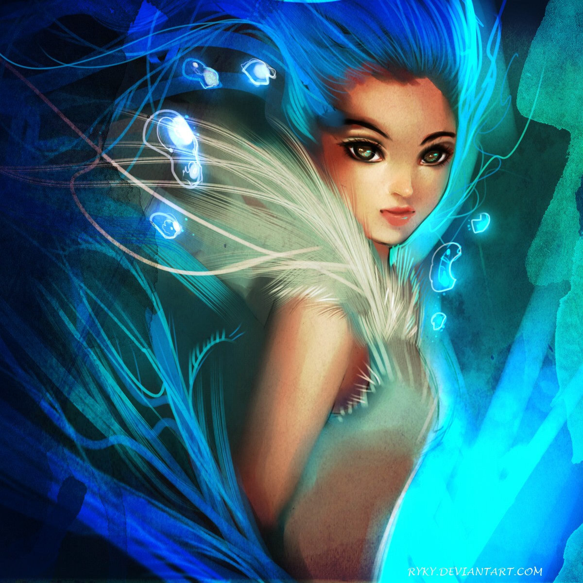 General 1200x1200 face artwork eyes blue hair blue cyan women long hair DeviantArt digital art watermarked